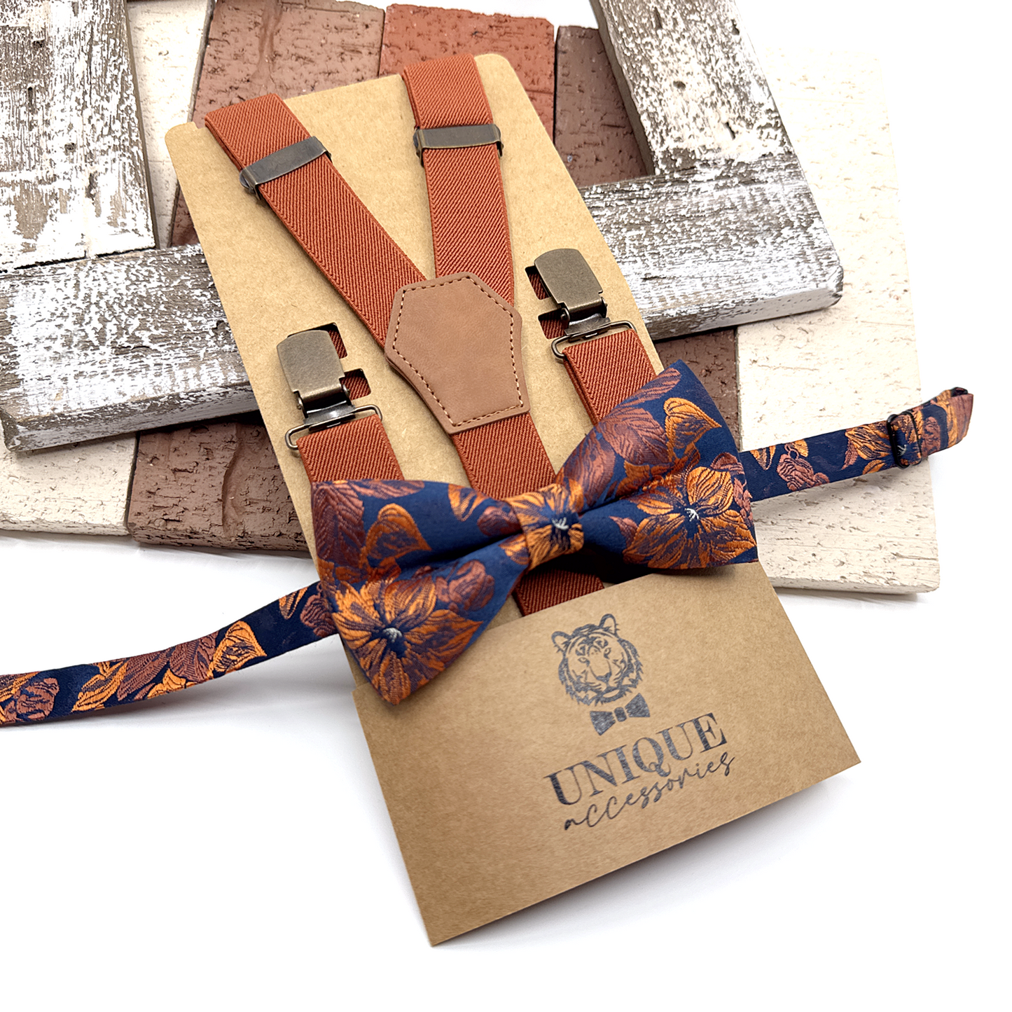 Brunt Orange Floral Bowtie, Suspender Set, Groomsmen Bowties, Wedding Bowtie