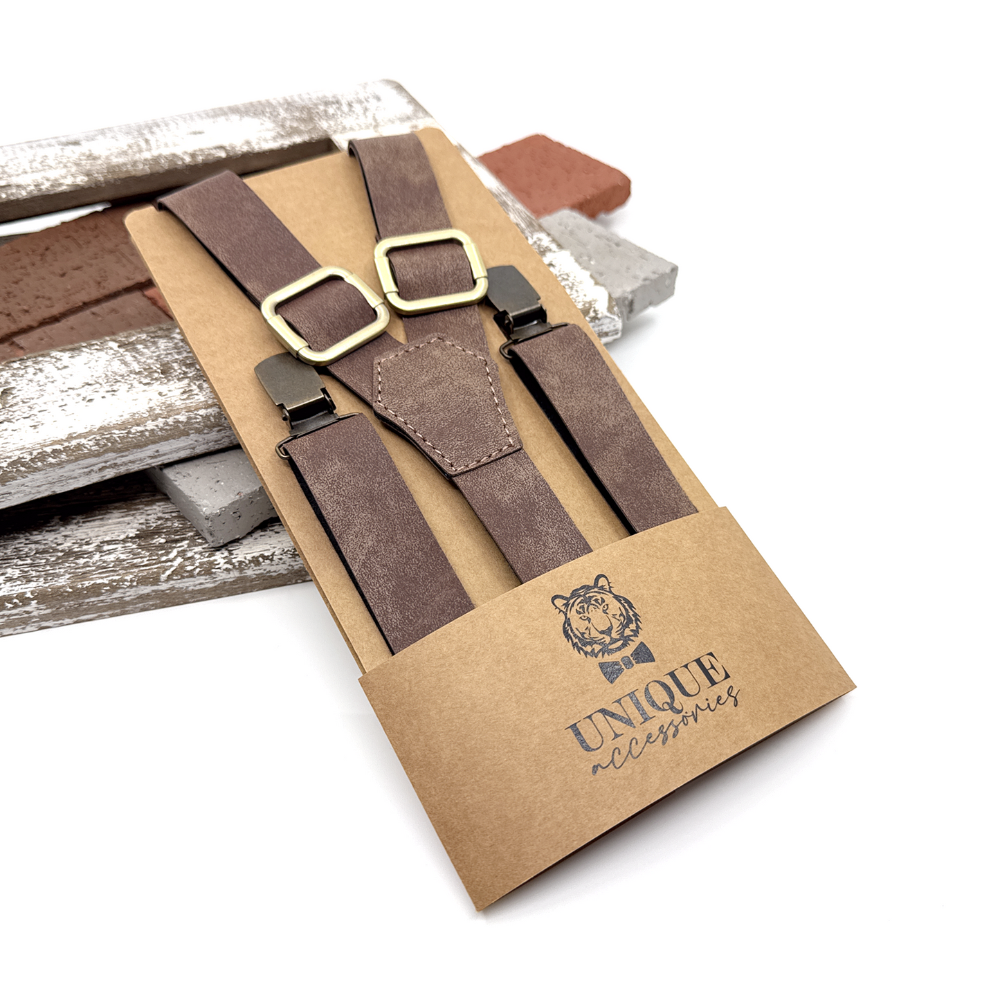 Brown Taupe Suspenders, Brown Suspender Bowtie Set, Wedding Suspenders