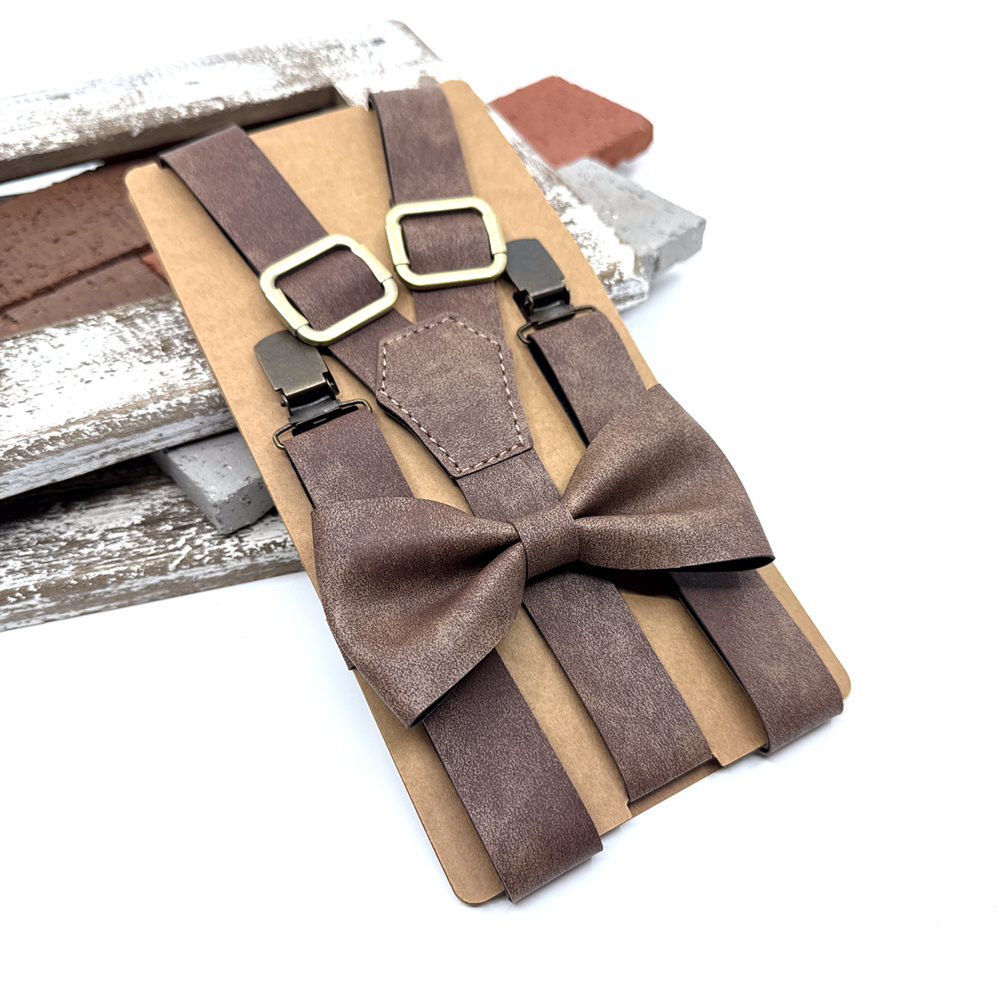 Brown Taupe Suspenders, Brown Suspender Bowtie Set, Wedding Suspenders