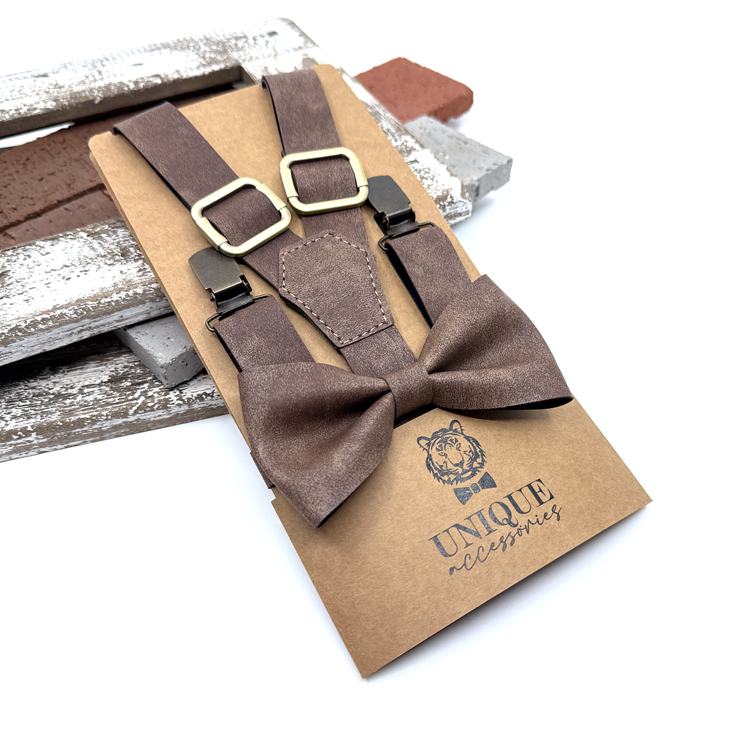 Brown Taupe Suspenders, Brown Suspender Bowtie Set, Wedding Suspenders