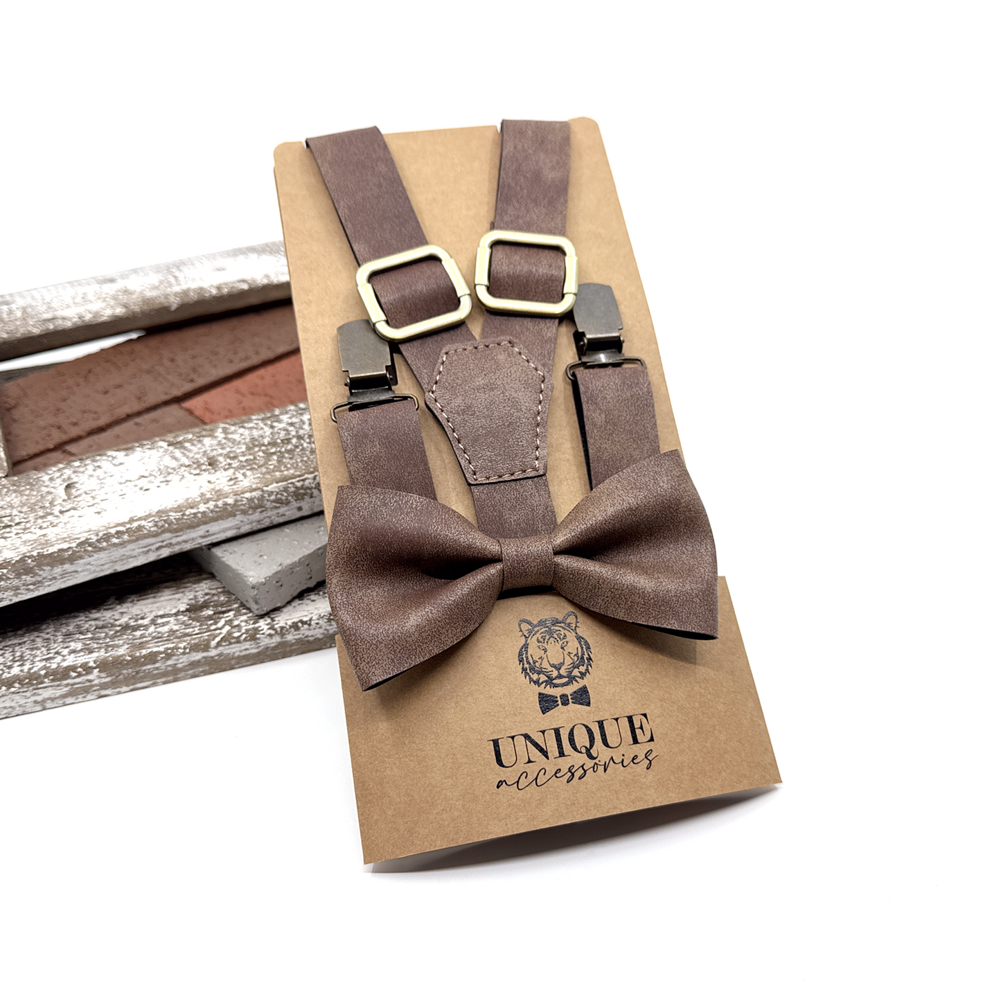 Brown Taupe Suspenders, Brown Suspender Bowtie Set, Wedding Suspenders