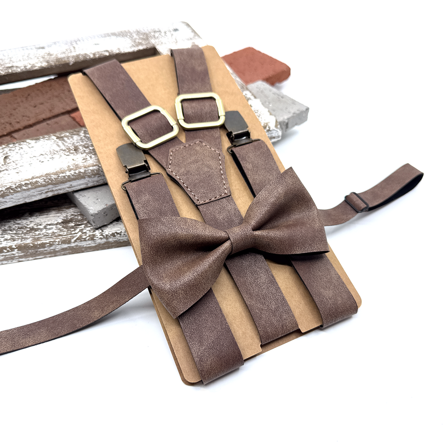 Brown Taupe Suspenders, Brown Suspender Bowtie Set, Wedding Suspenders