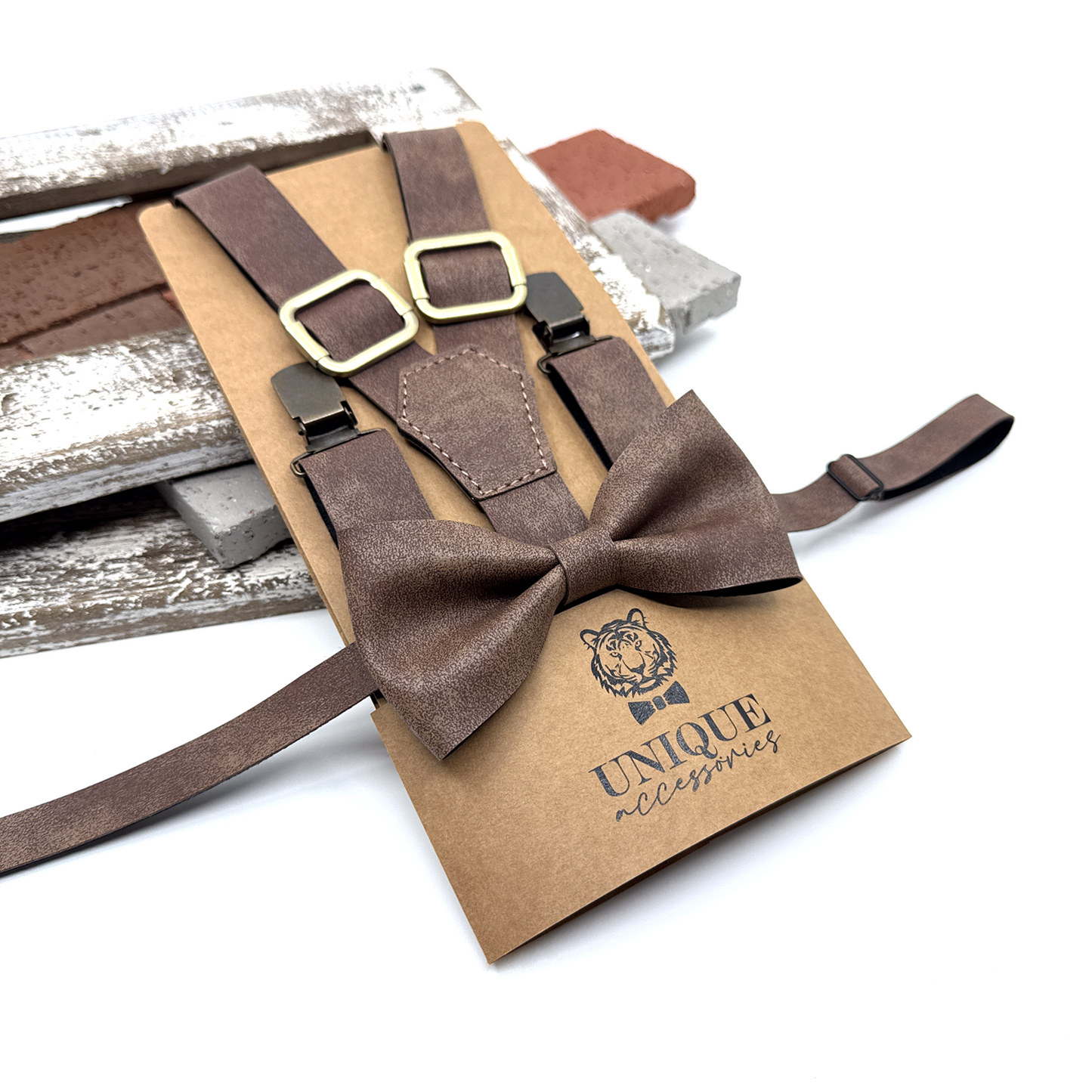 Brown Taupe Suspenders, Brown Suspender Bowtie Set, Wedding Suspenders