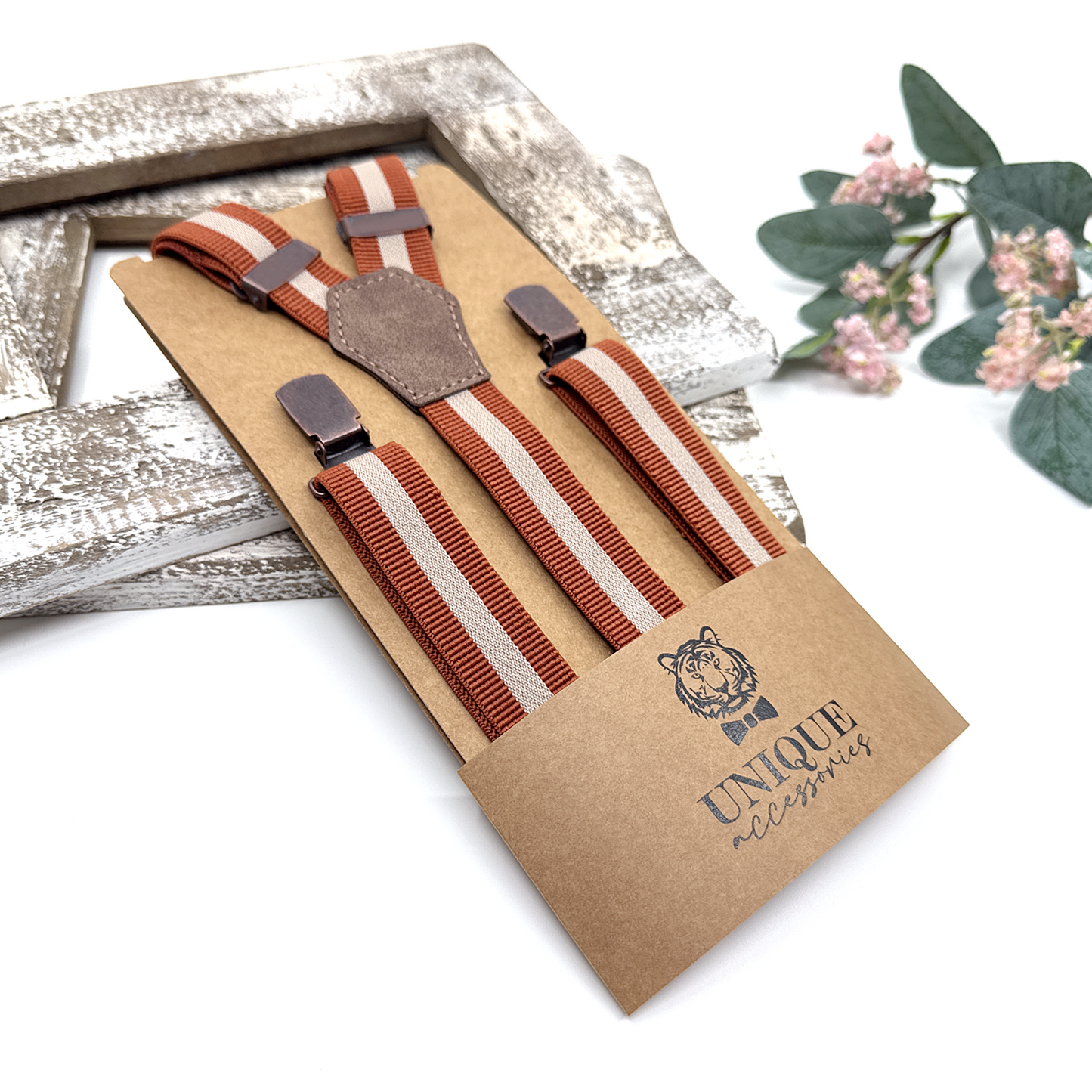 Burnt Orange Ivory Suspenders, Pale Copper Floral Bowtie, Suspender Bowtie Set