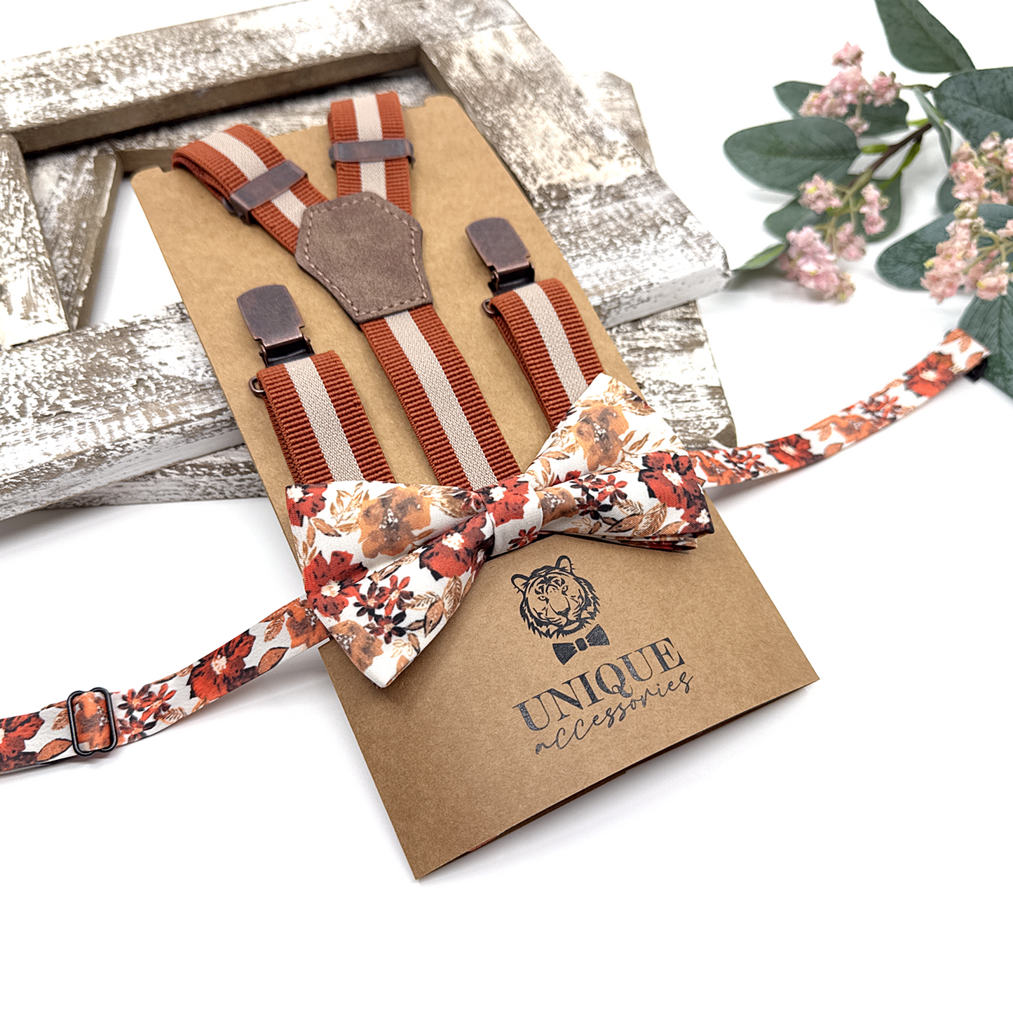 Burnt Orange Suspenders, Suspender Bowtie Set Wedding Suspenders