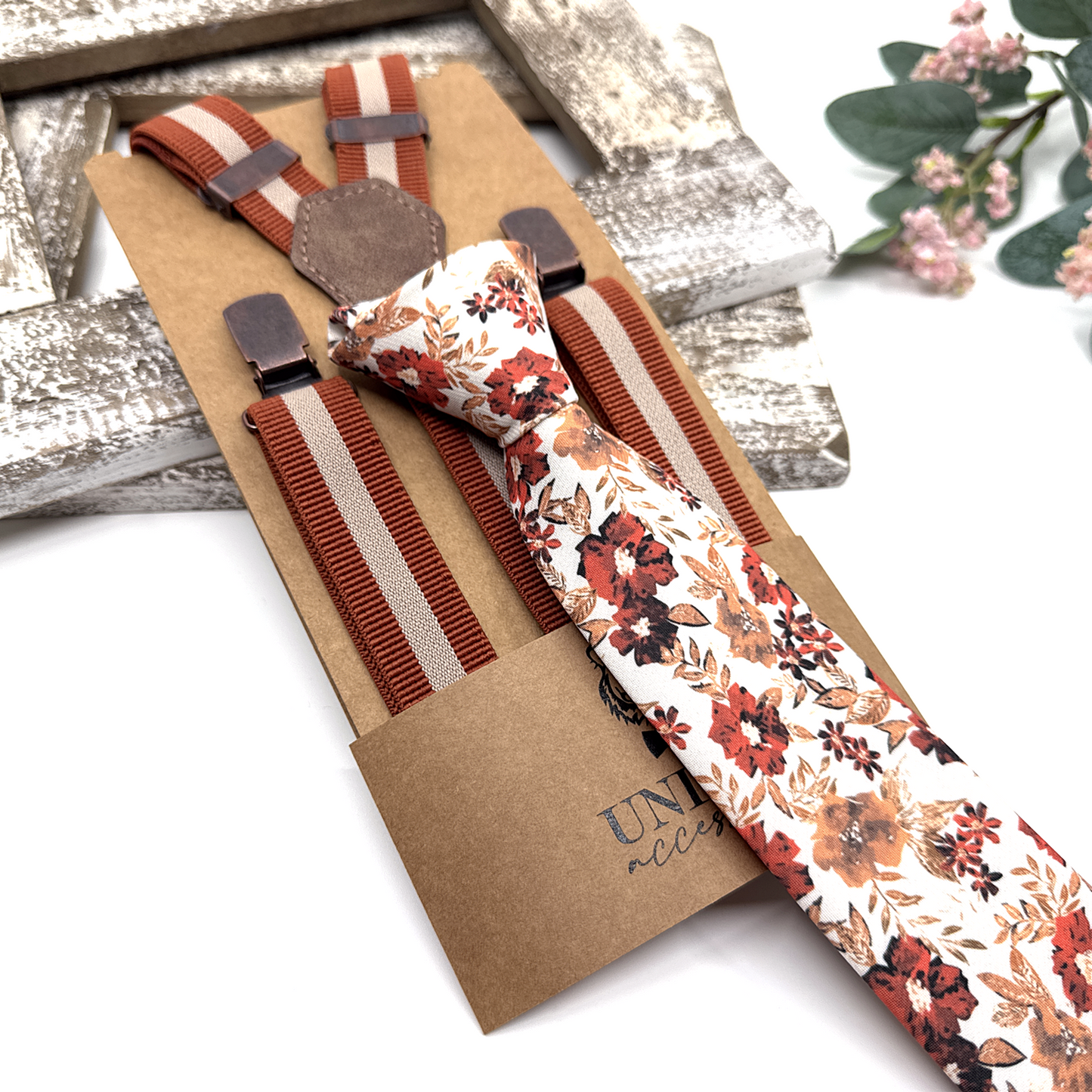 Burnt Orange Suspenders, Suspender Bowtie Set Wedding Suspenders