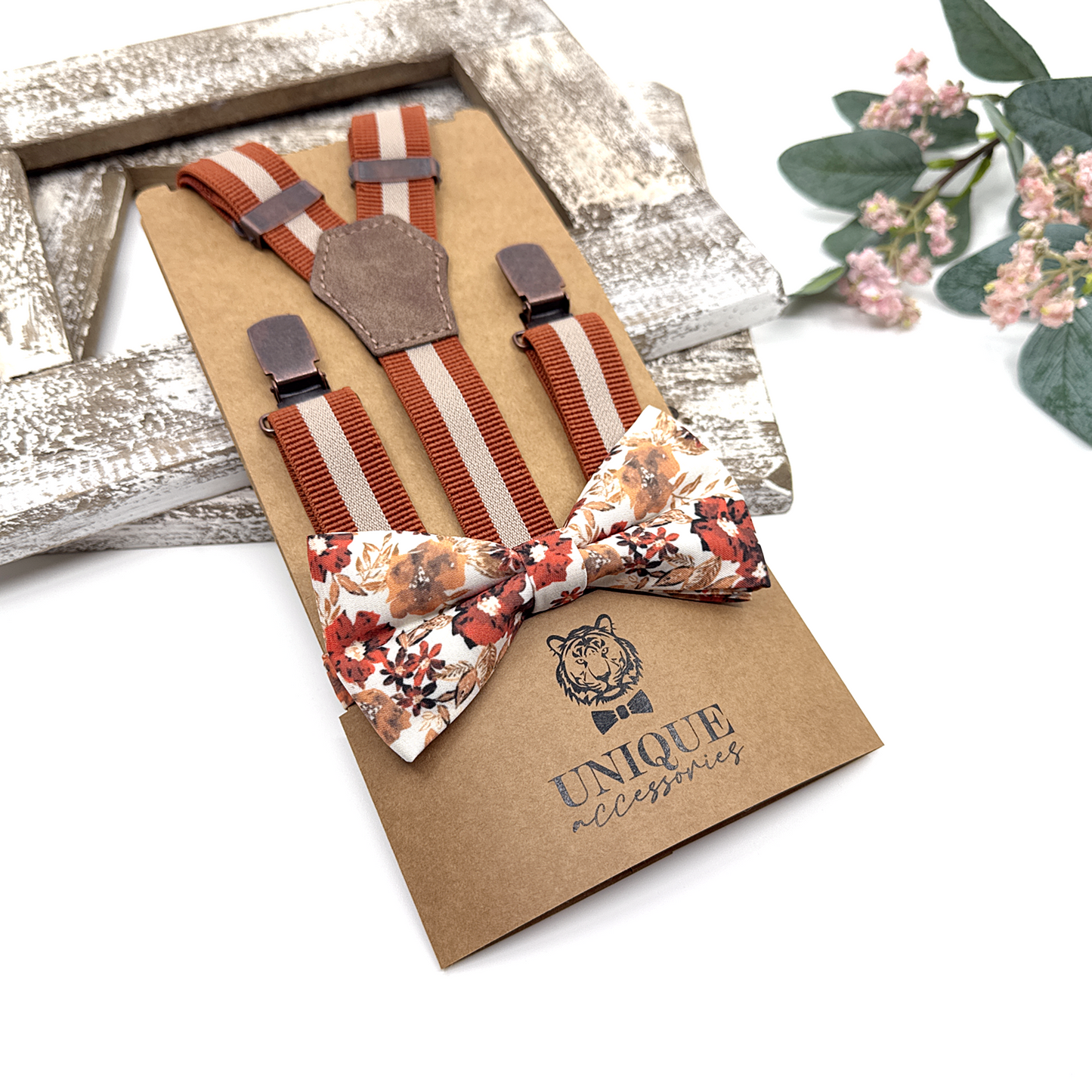 Burnt Orange Suspenders, Suspender Bowtie Set Wedding Suspenders