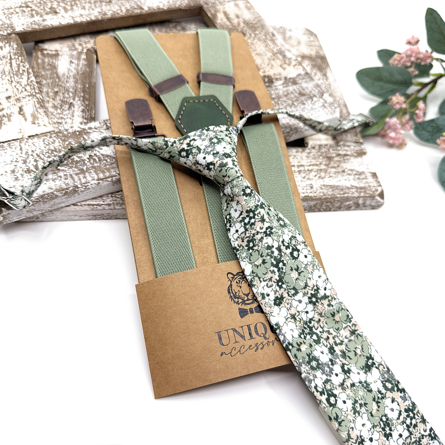 Dusty Green Suspenders, Pale Green Floral Bowtie, Suspender Bowtie Set, Wedding Suspenders
