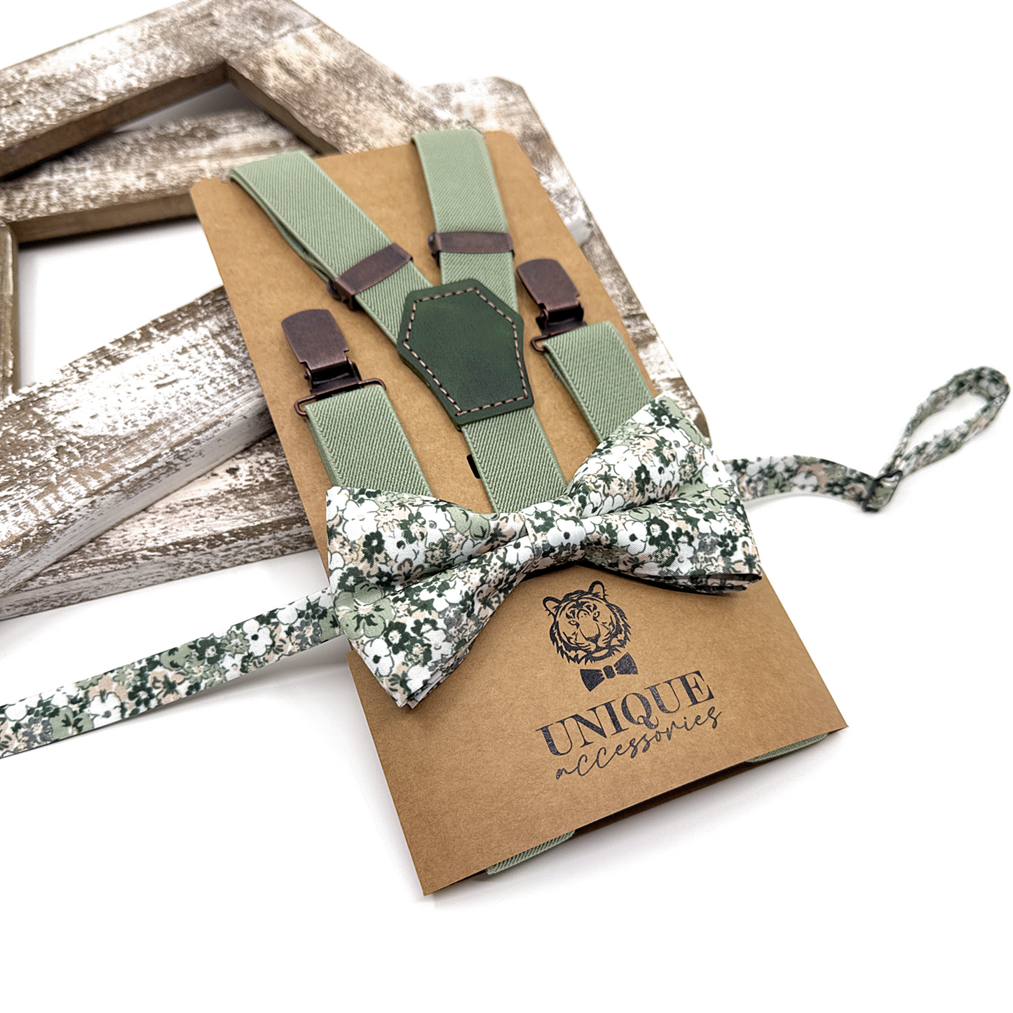 Dusty Green Suspenders, Pale Green Floral Bowtie, Suspender Bowtie Set, Wedding Suspenders