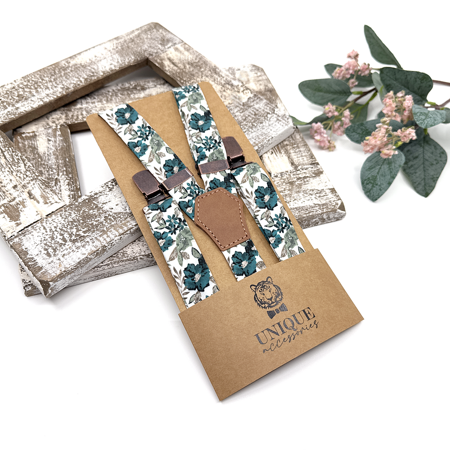Teal Blue Floral Suspenders, Floral Suspender, Wedding Suspenders, Groomsmen Suspenders