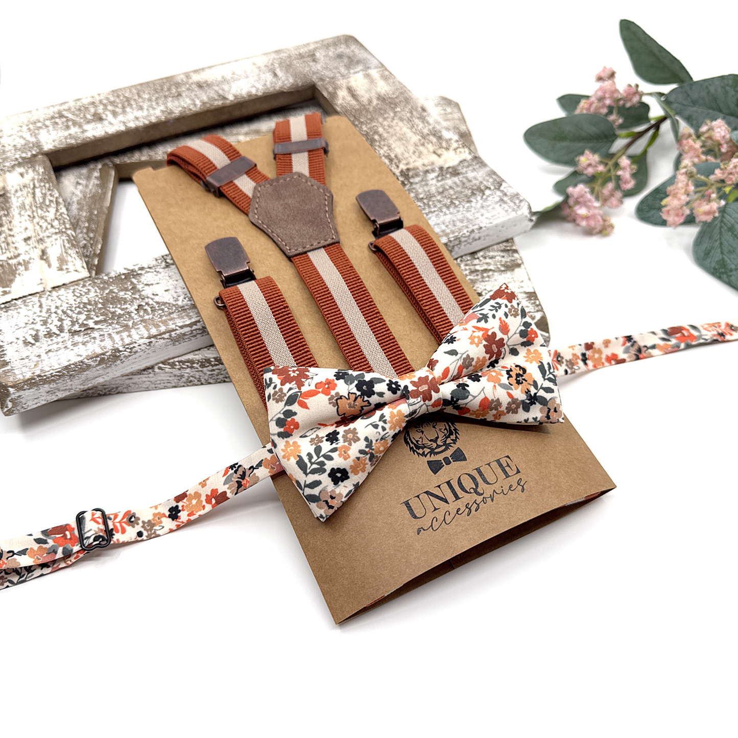 Burnt Orange Ivory Suspenders, Pale Copper Floral Bowtie, Suspender Bowtie Set