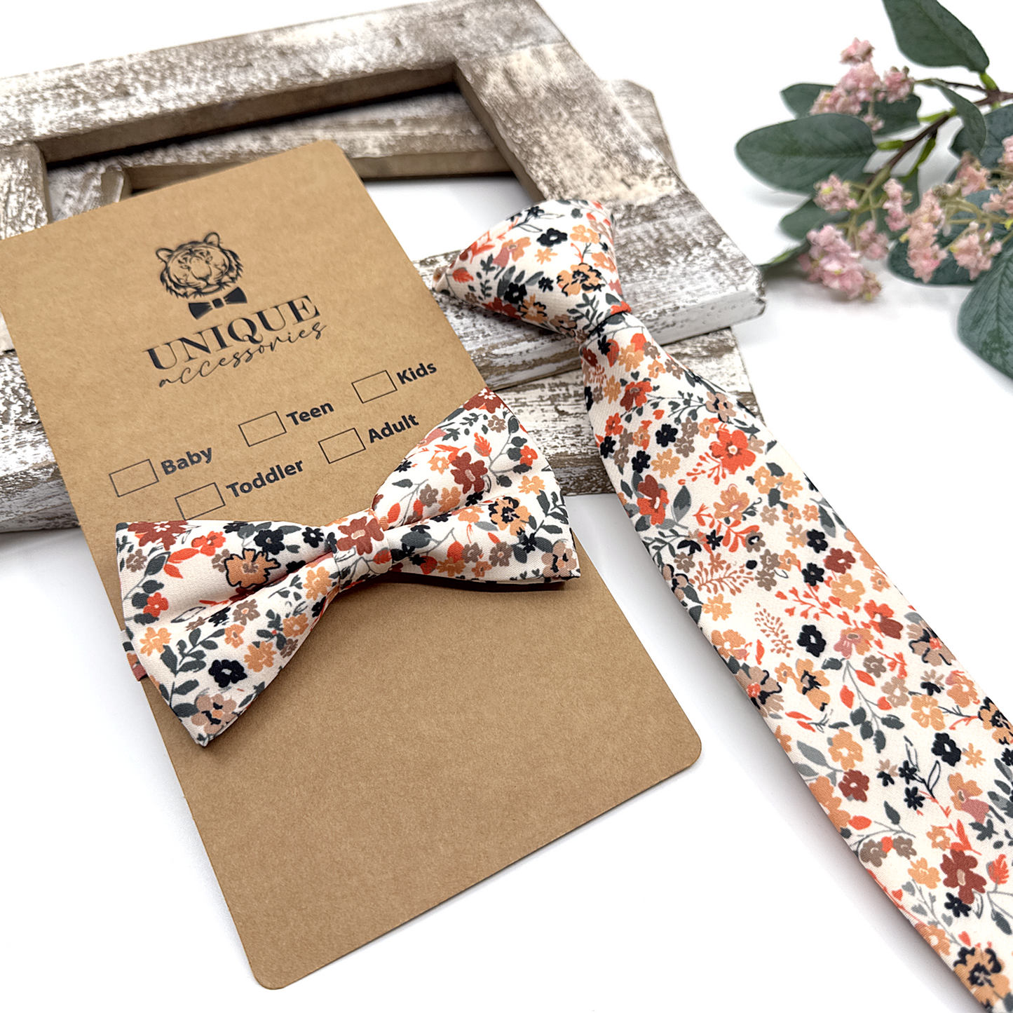Burnt Orange Ivory Suspenders, Pale Copper Floral Bowtie, Suspender Bowtie Set