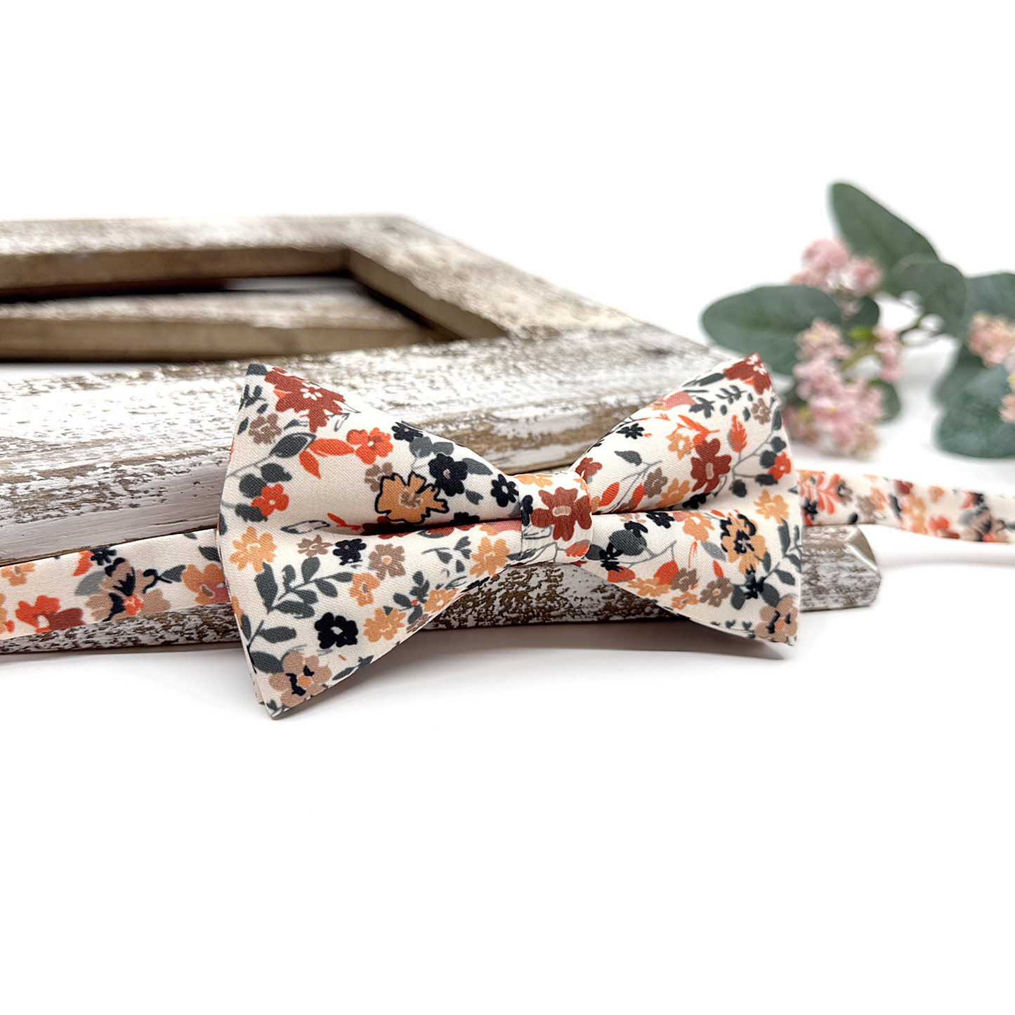 Burnt Orange Ivory Suspenders, Pale Copper Floral Bowtie, Suspender Bowtie Set