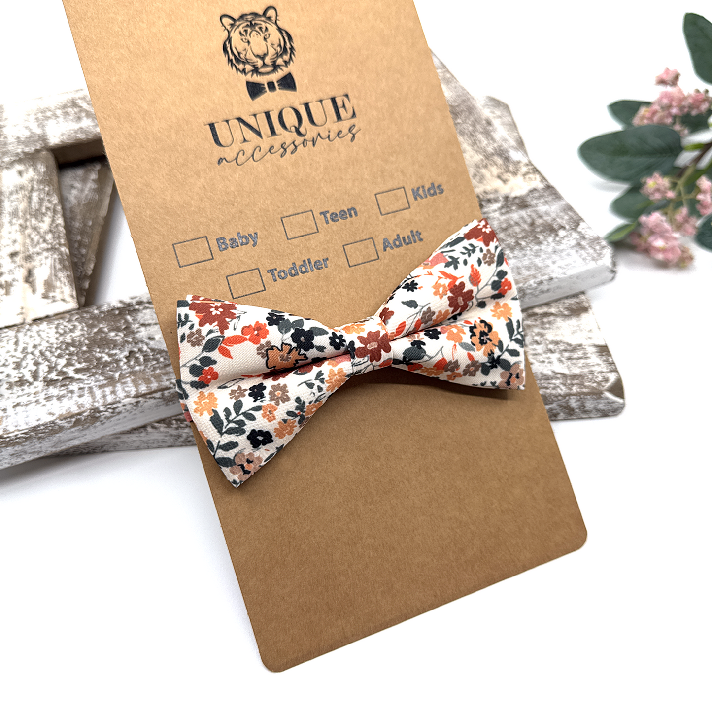 Burnt Orange Ivory Suspenders, Pale Copper Floral Bowtie, Suspender Bowtie Set
