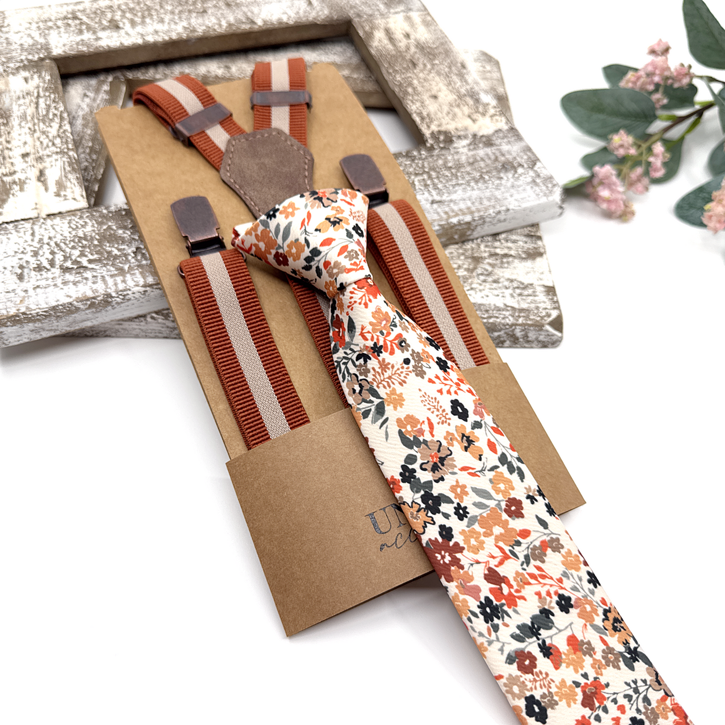 Burnt Orange Ivory Suspenders, Pale Copper Floral Bowtie, Suspender Bowtie Set