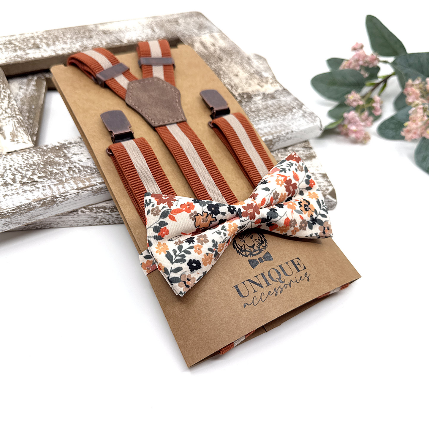 Burnt Orange Ivory Suspenders, Pale Copper Floral Bowtie, Suspender Bowtie Set