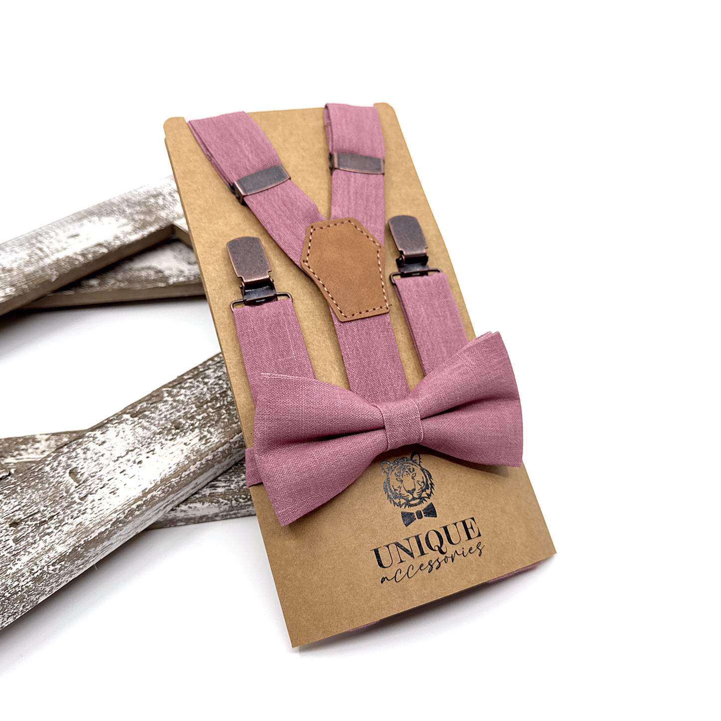 Dusty Rose Suspenders, Linen Suspender Bowtie Set, Suspender Necktie, Wedding Suspenders, Groomsmen Suspenders