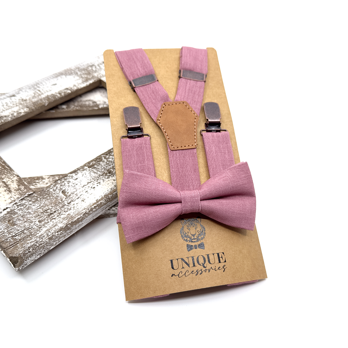 Dusty Rose Suspenders, Linen Suspender Bowtie Set, Suspender Necktie, Wedding Suspenders, Groomsmen Suspenders