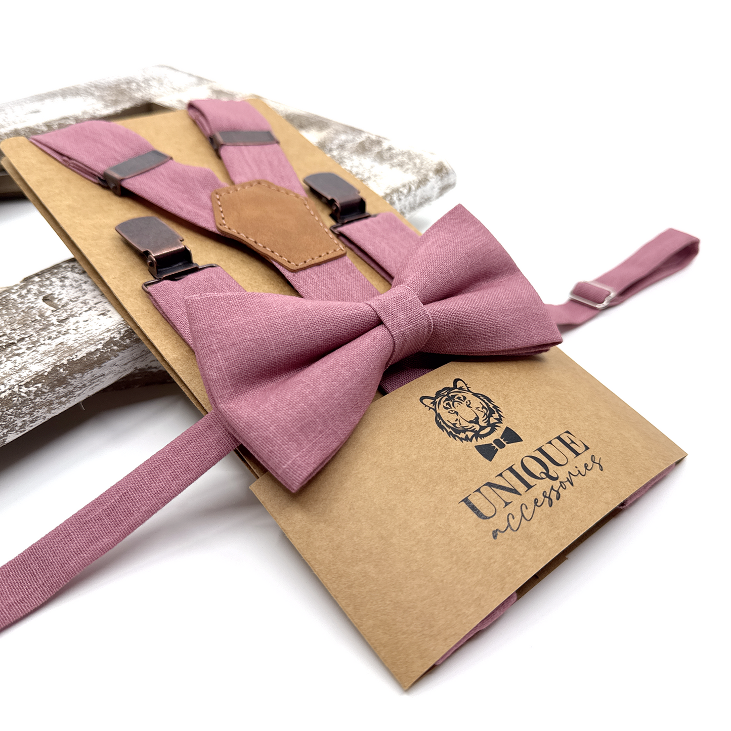 Dusty Rose Suspenders, Linen Suspender Bowtie Set, Suspender Necktie, Wedding Suspenders, Groomsmen Suspenders