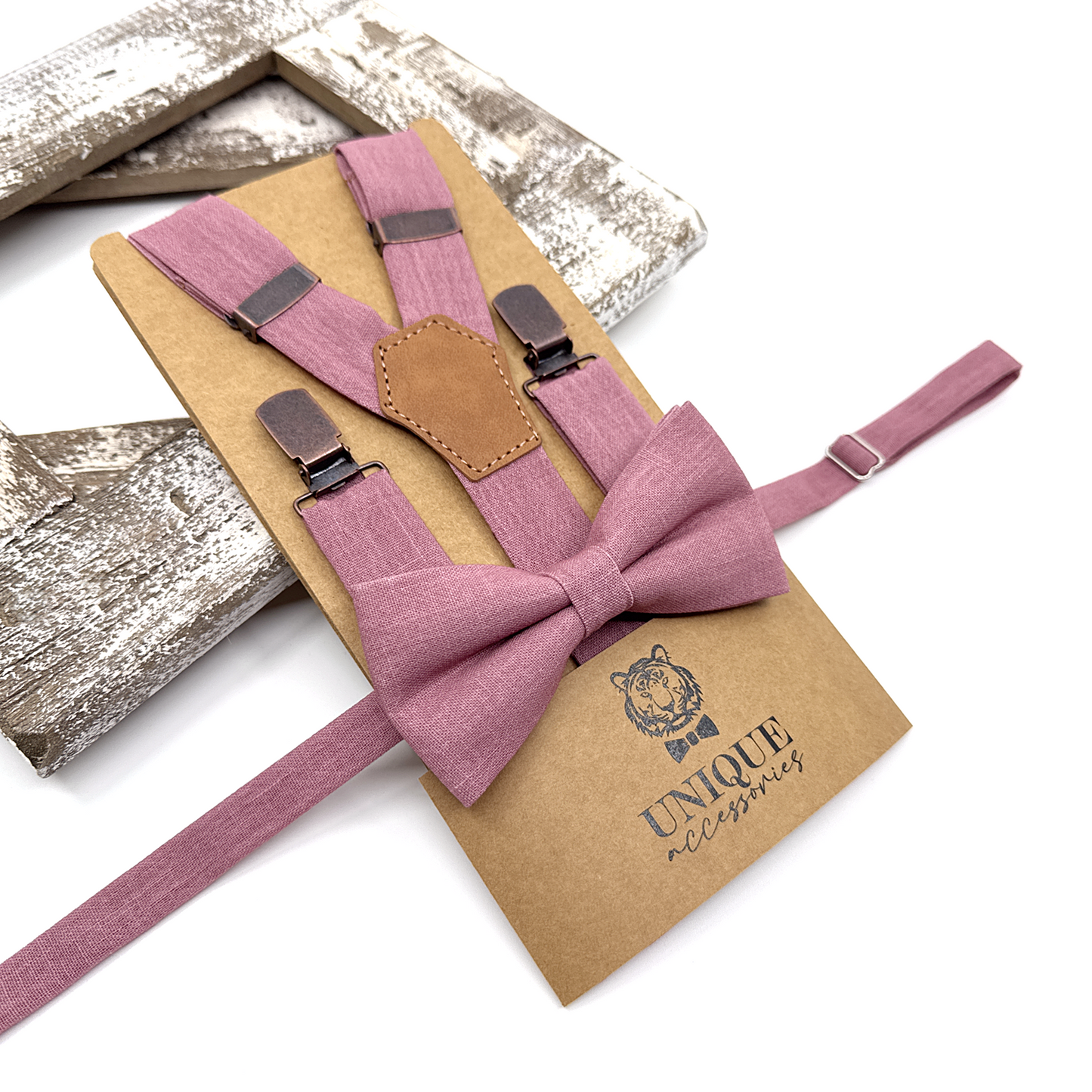 Dusty Rose Suspenders, Linen Suspender Bowtie Set, Suspender Necktie, Wedding Suspenders, Groomsmen Suspenders
