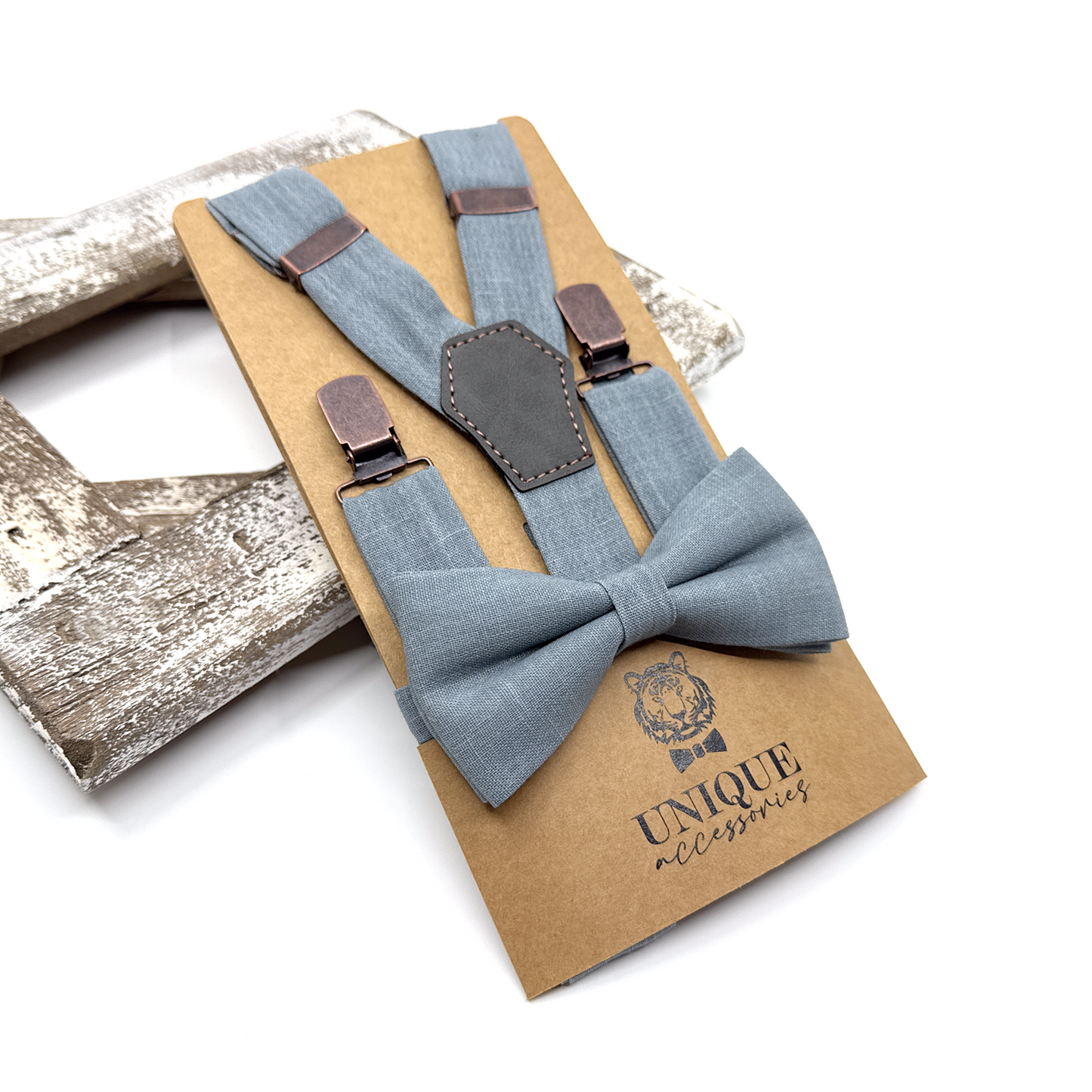Dusty Blue Suspenders, Linen Suspender Bowtie Set, Wedding Suspenders
