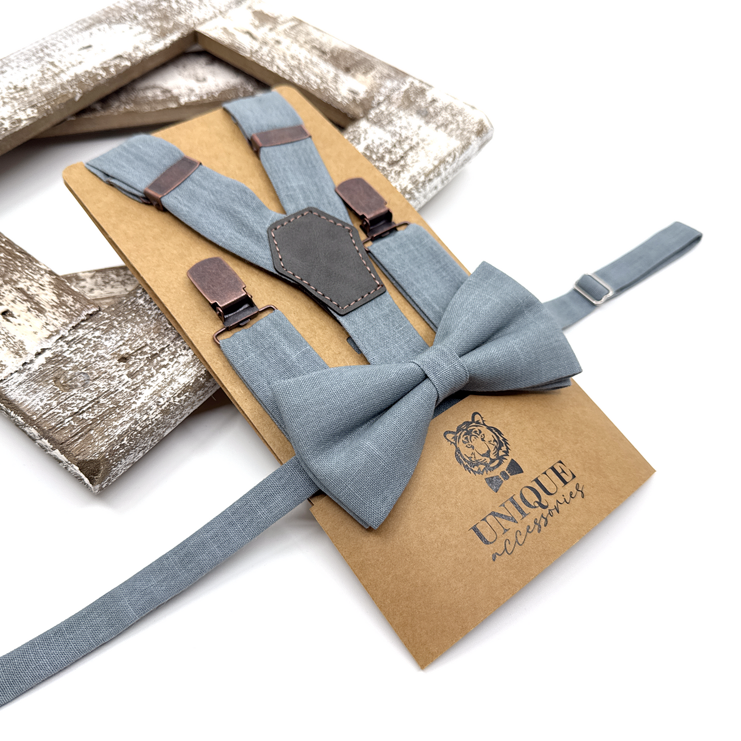 Dusty Blue Suspenders, Linen Suspender Bowtie Set, Wedding Suspenders