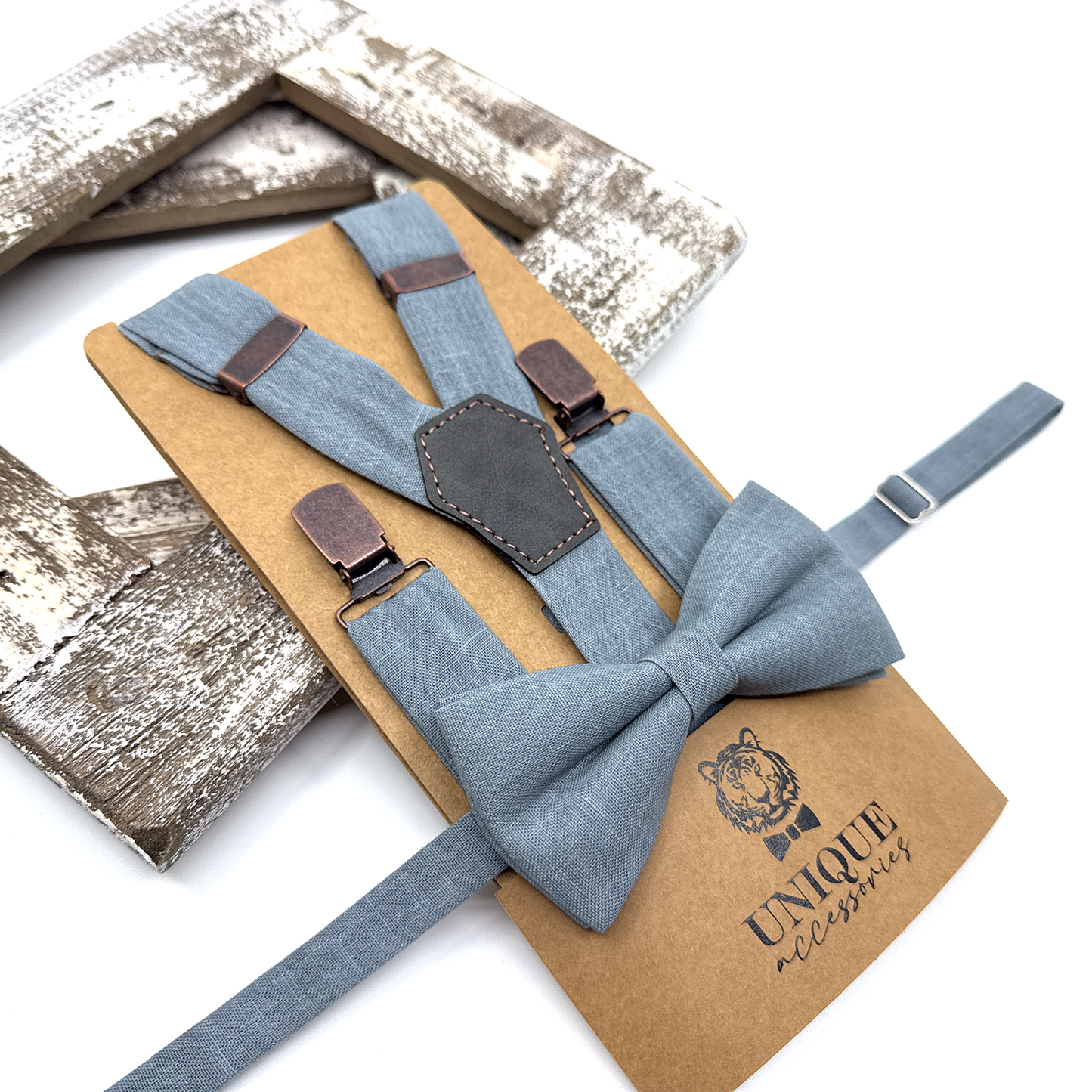 Dusty Blue Suspenders, Linen Suspender Bowtie Set, Wedding Suspenders