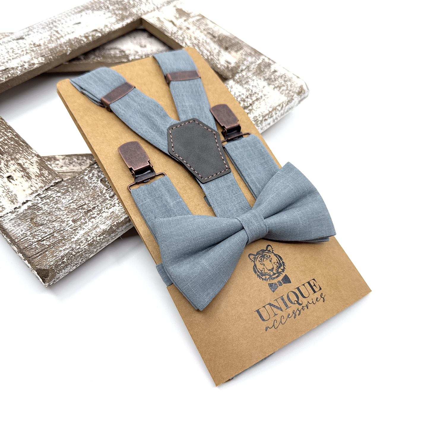 Dusty Blue Suspenders, Linen Suspender Bowtie Set, Wedding Suspenders