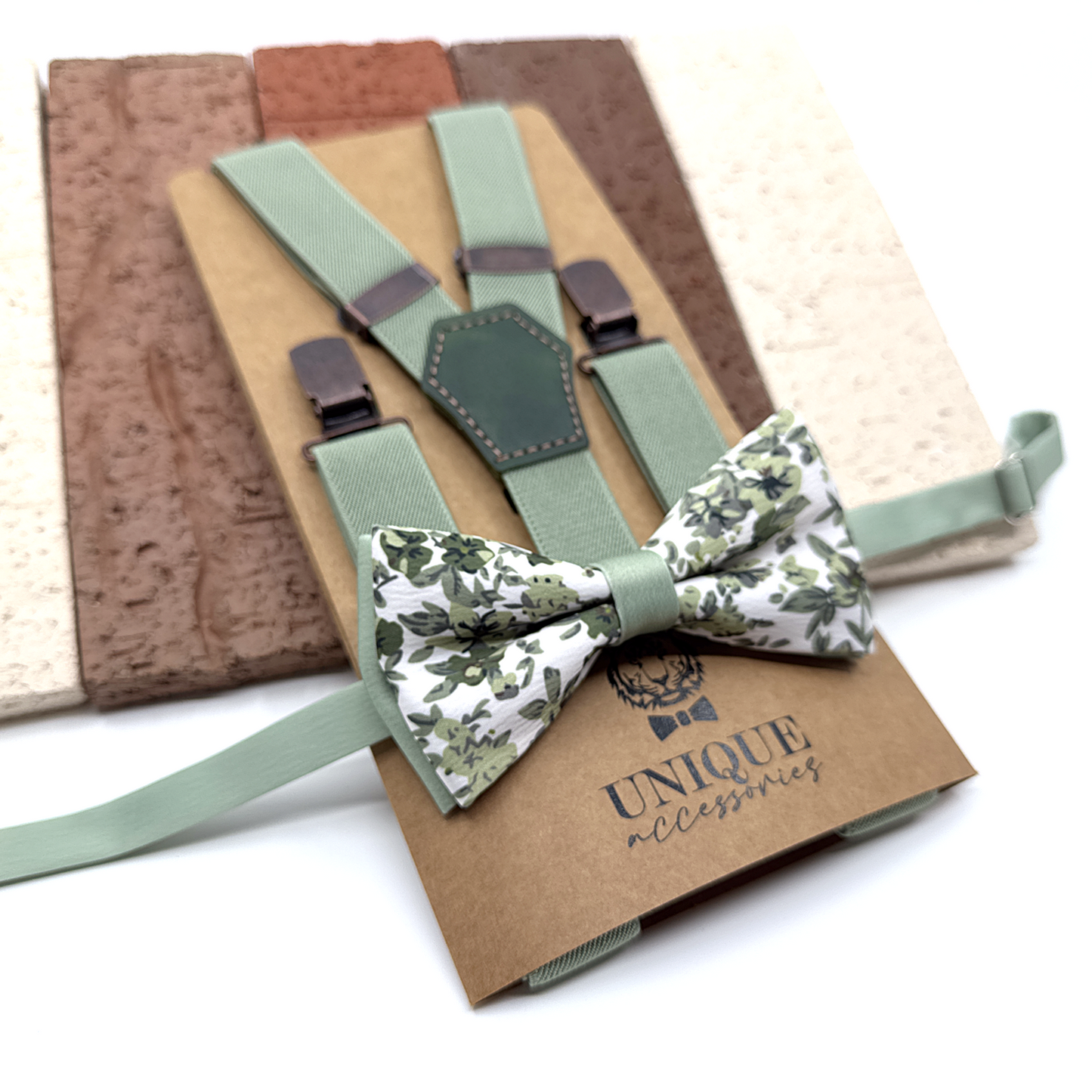 Dusty Green Suspenders, Olive Green Floral Bowtie, Suspender Necktie, Wedding Suspenders