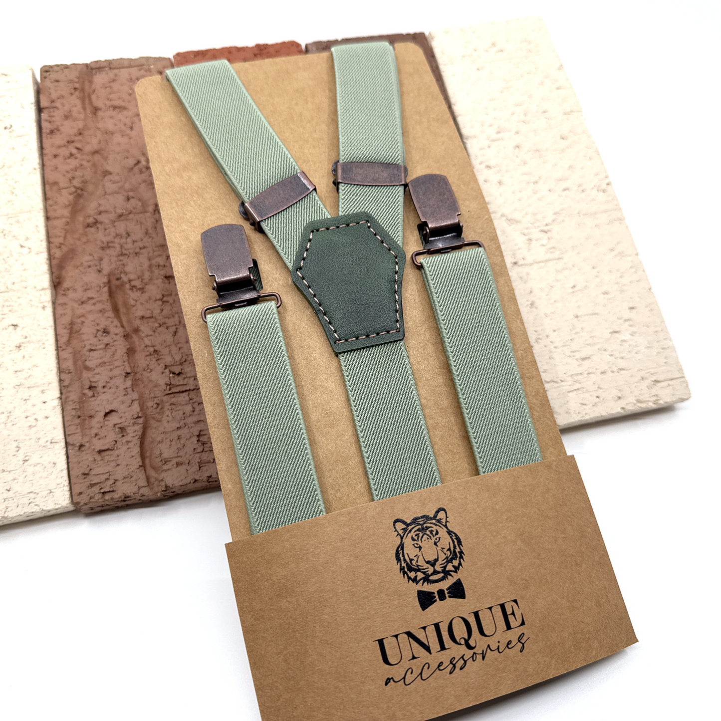 Dusty Green Suspenders, Olive Green Floral Bowtie, Suspender Necktie, Wedding Suspenders