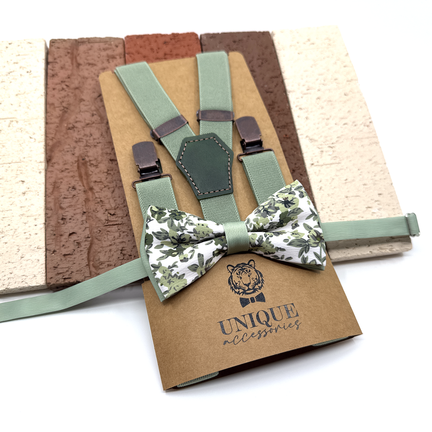 Dusty Green Suspenders, Olive Green Floral Bowtie, Suspender Necktie, Wedding Suspenders