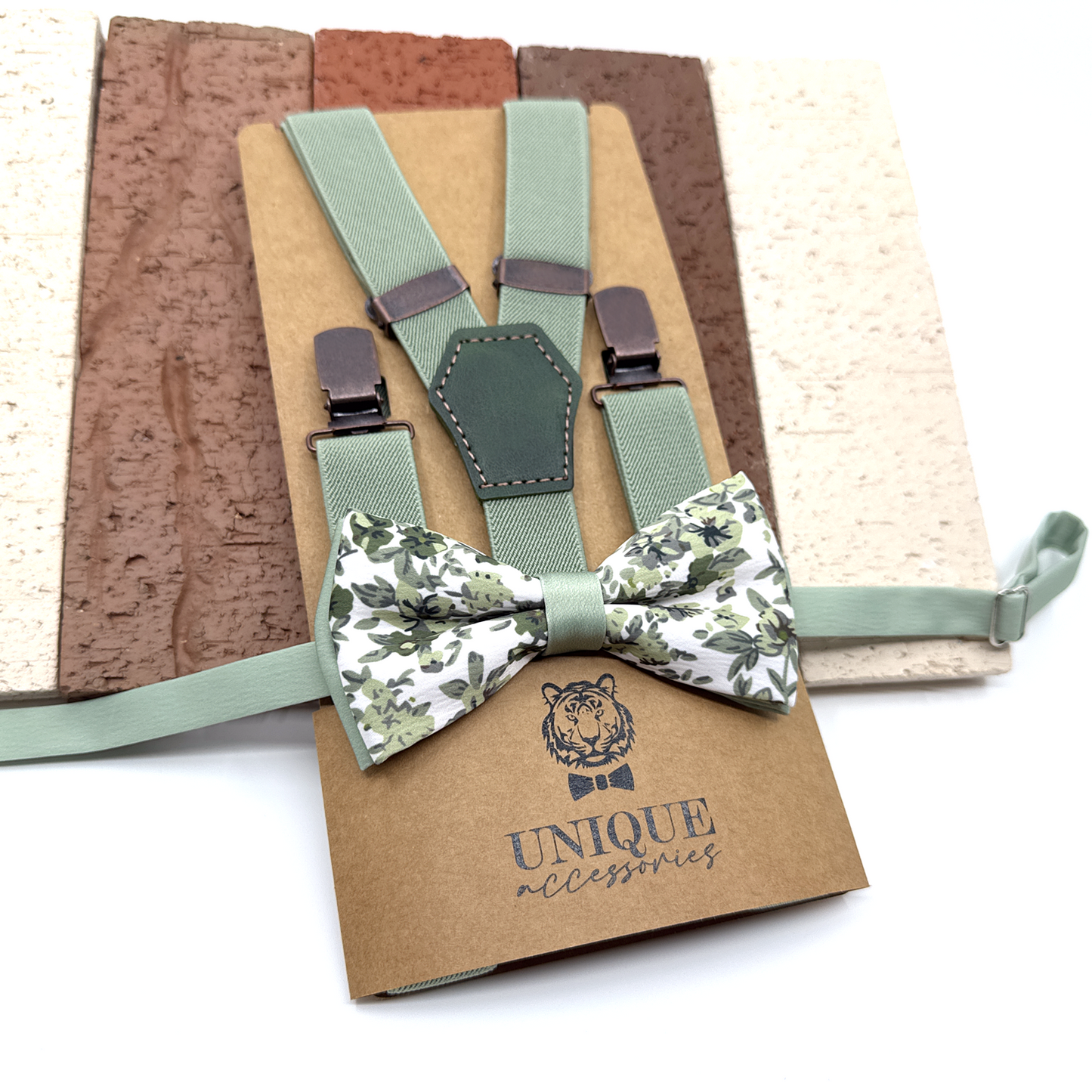 Dusty Green Suspenders, Olive Green Floral Bowtie, Suspender Necktie, Wedding Suspenders