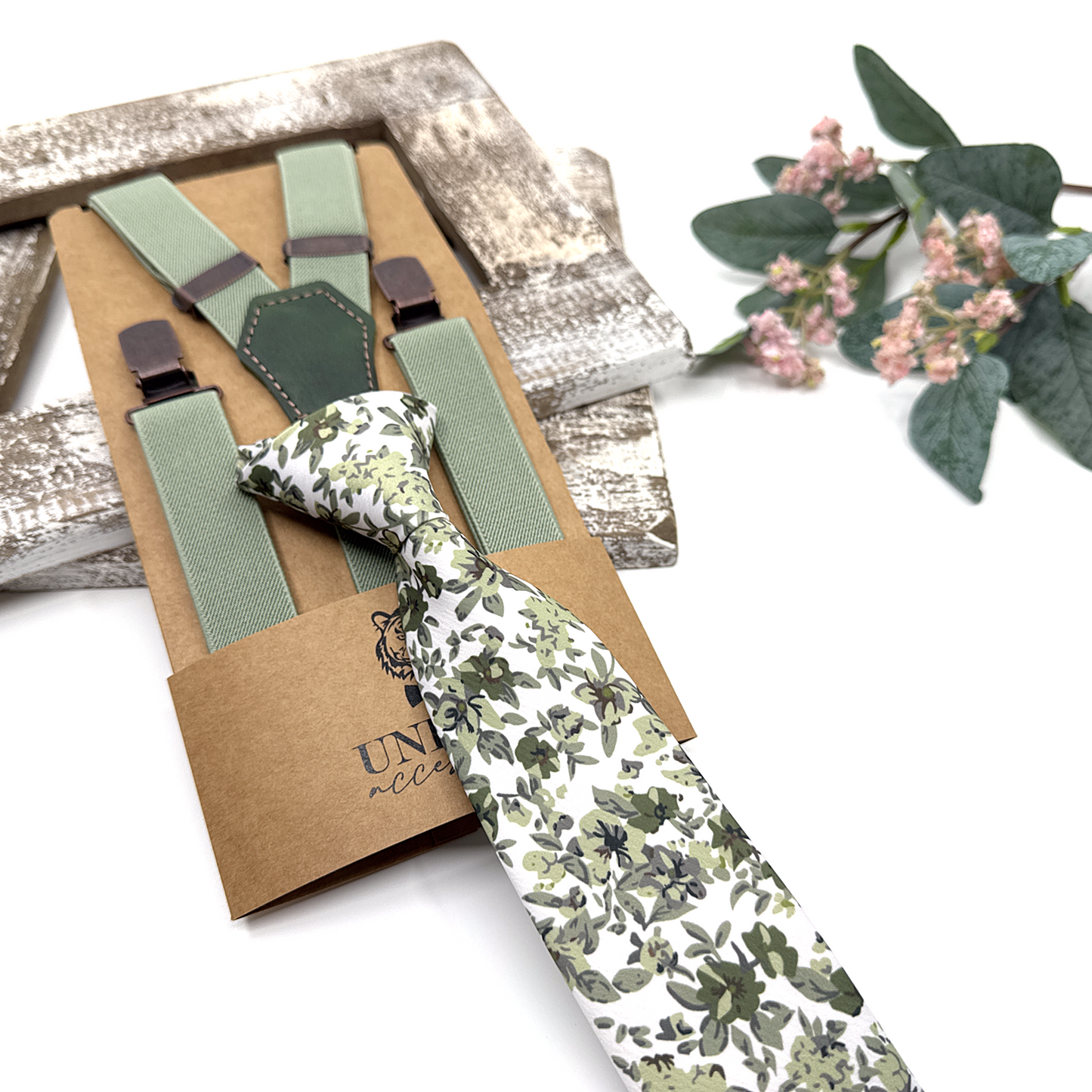 Dusty Green Suspenders, Olive Green Floral Bowtie, Suspender Necktie, Wedding Suspenders