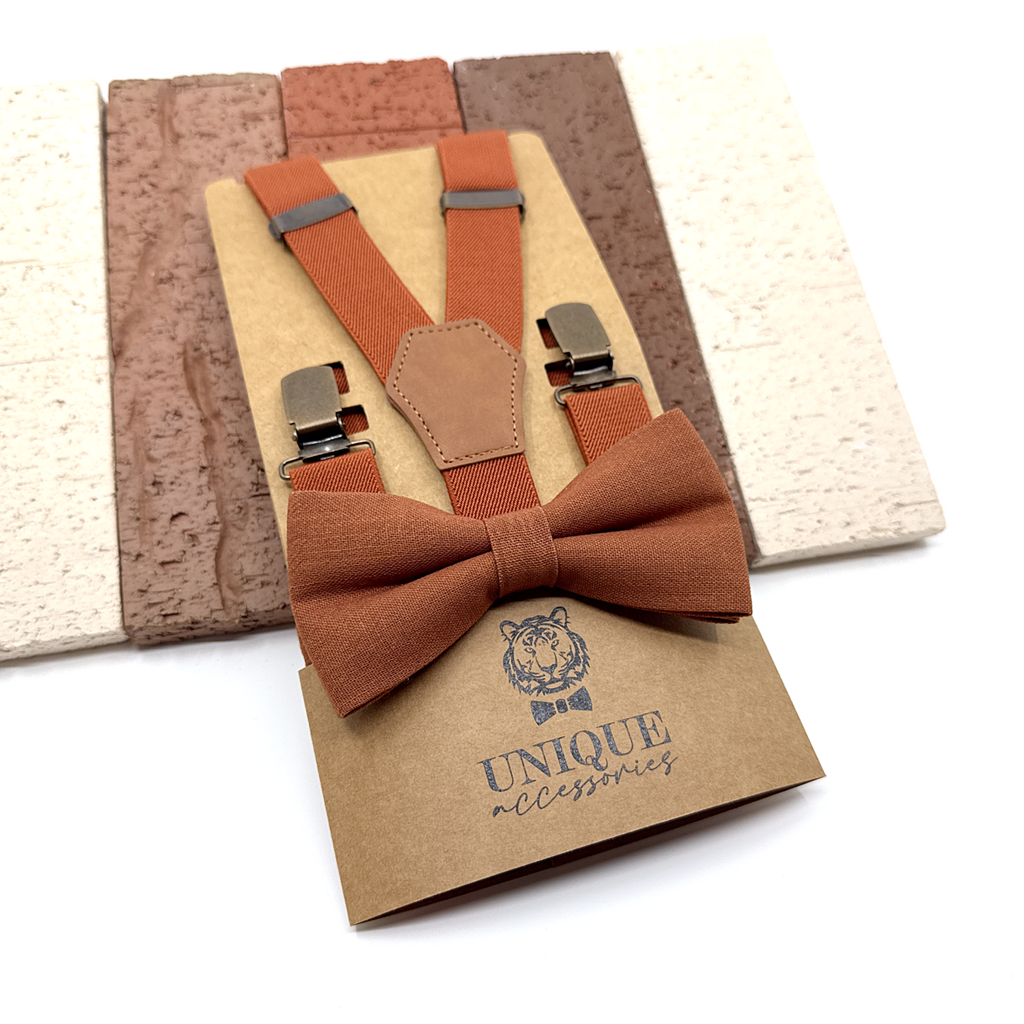 Brunt Orange Suspenders, Linen Terracotta Bowtie, Suspender Bowtie Set, Wedding Suspenders
