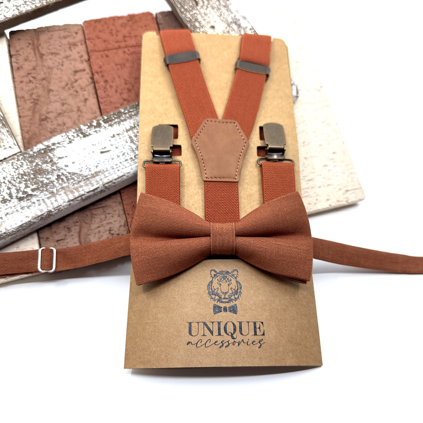Brunt Orange Suspenders, Linen Terracotta Bowtie, Suspender Bowtie Set, Wedding Suspenders