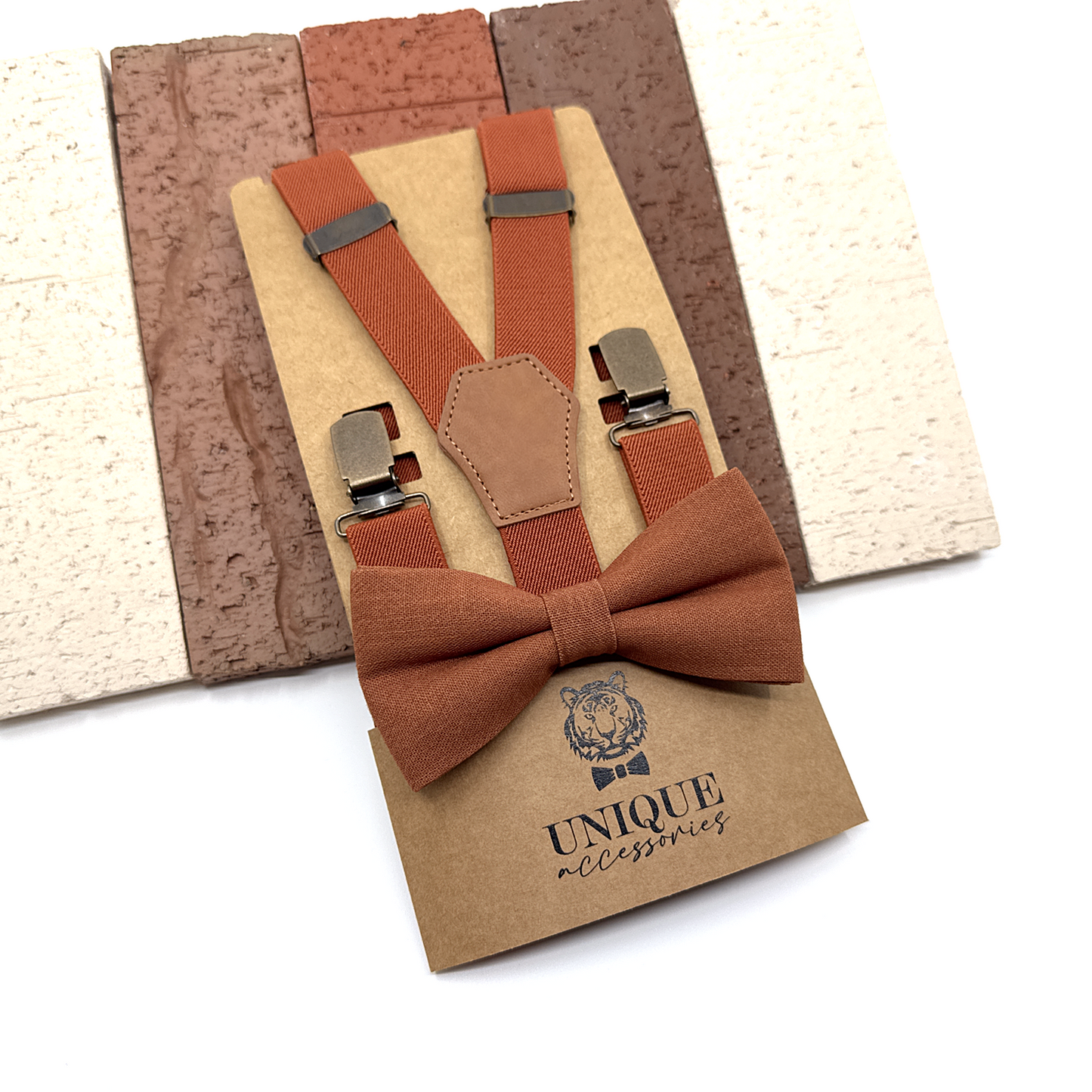 Brunt Orange Suspenders, Linen Terracotta Bowtie, Suspender Bowtie Set, Wedding Suspenders