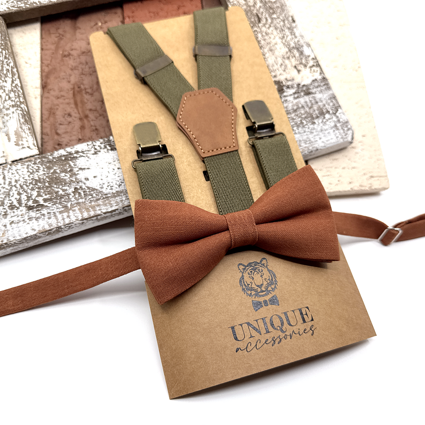 Brunt Orange Suspenders, Linen Terracotta Bowtie, Suspender Bowtie Set, Wedding Suspenders