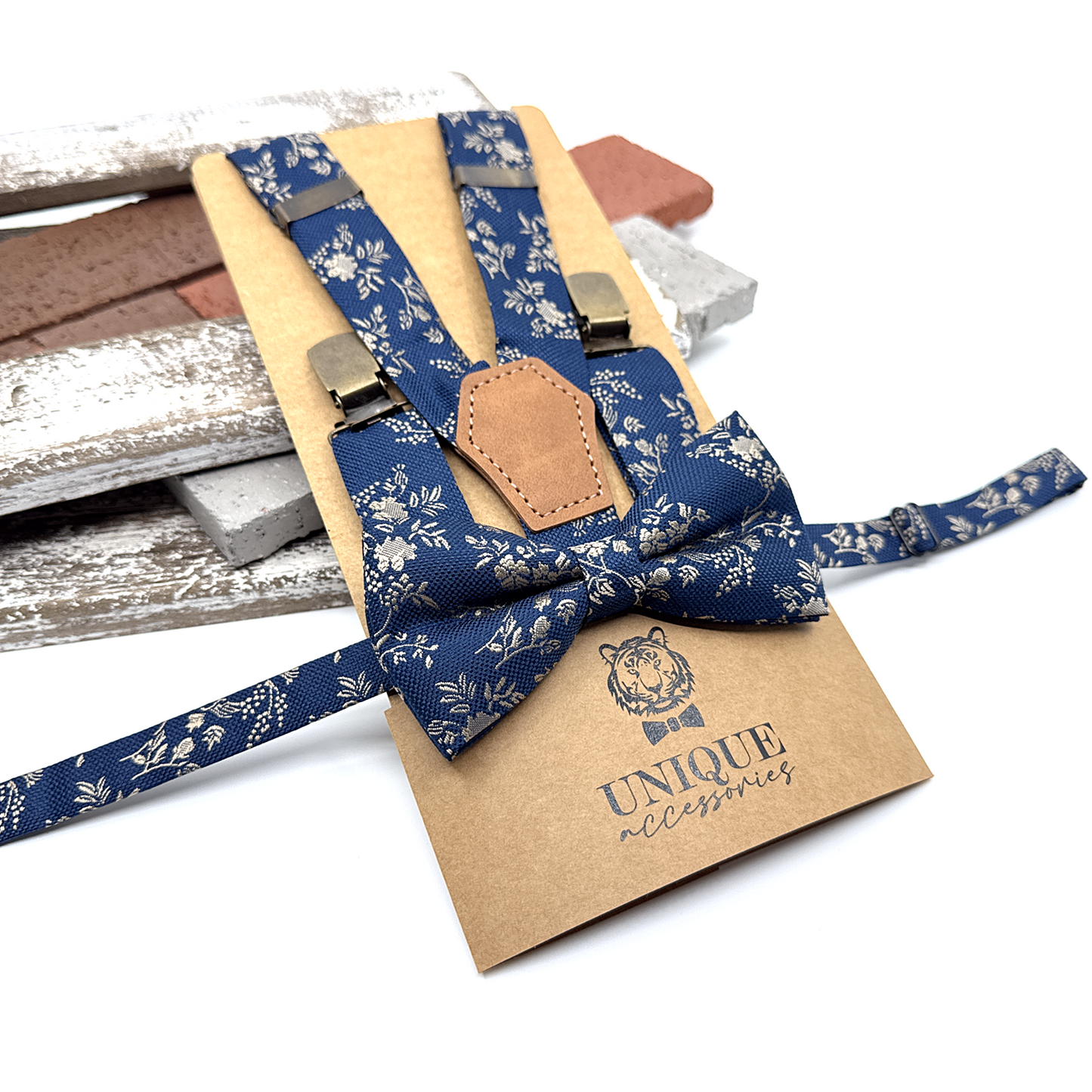 Navy Blue Suspenders, Beige Floral Suspender, Suspender Bowtie Set, Groom Gift, Wedding Suspenders, Groomsmen Suspenders
