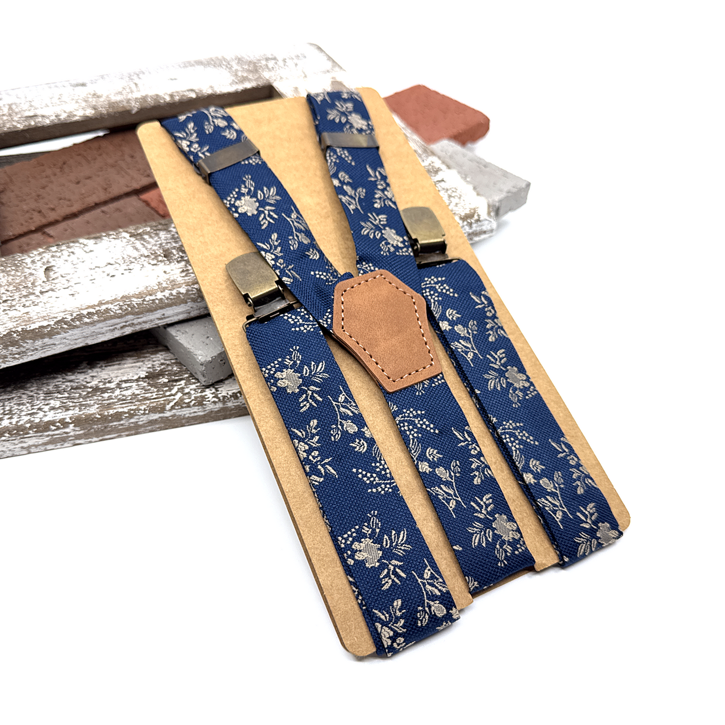 Navy Blue Suspenders, Beige Floral Suspender, Suspender Bowtie Set, Groom Gift, Wedding Suspenders, Groomsmen Suspenders