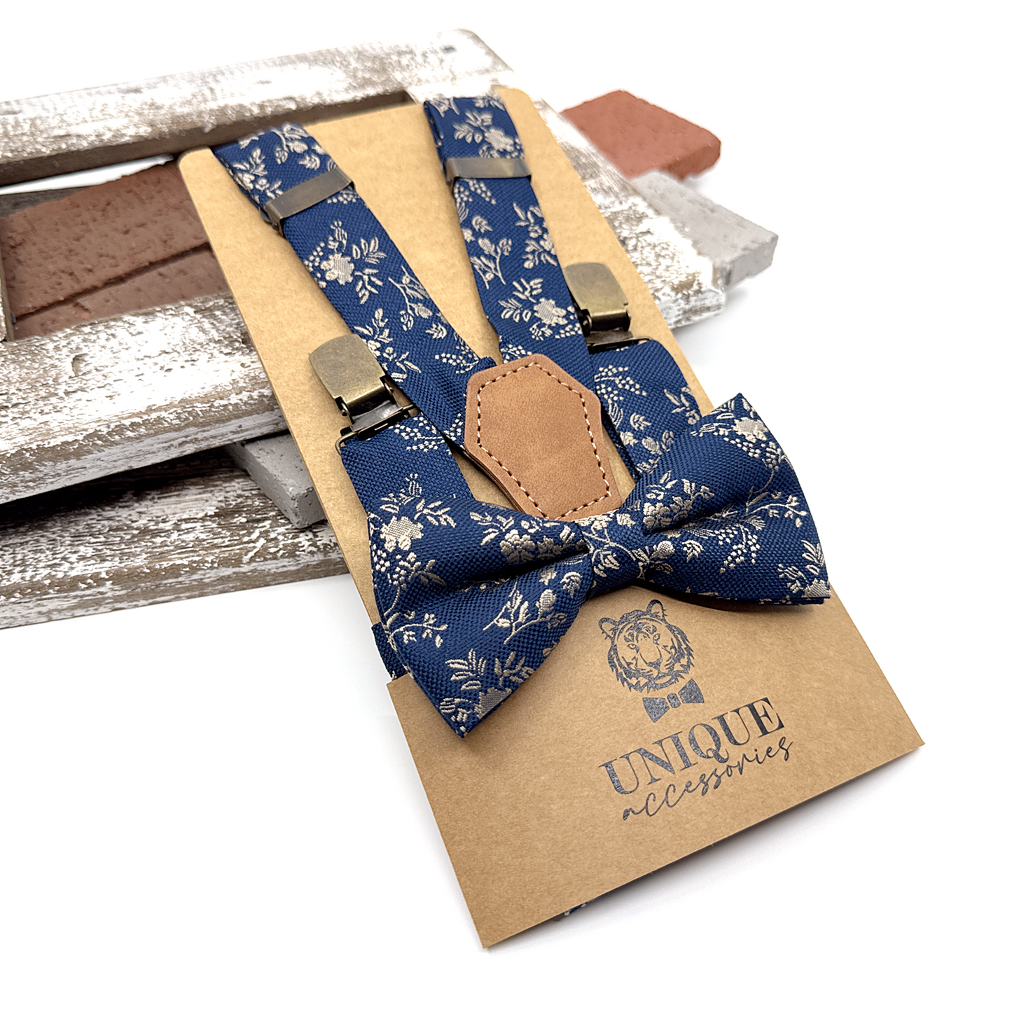 Navy Blue Suspenders, Beige Floral Suspender, Suspender Bowtie Set, Groom Gift, Wedding Suspenders, Groomsmen Suspenders