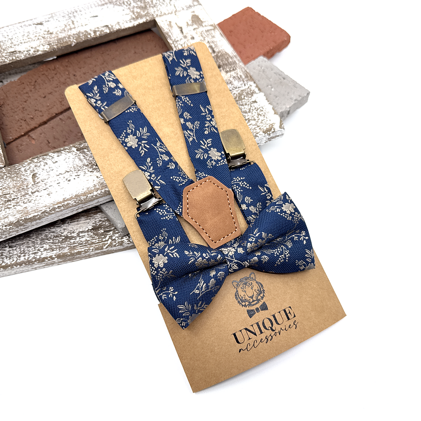 Navy Blue Suspenders, Beige Floral Suspender, Suspender Bowtie Set, Groom Gift, Wedding Suspenders, Groomsmen Suspenders