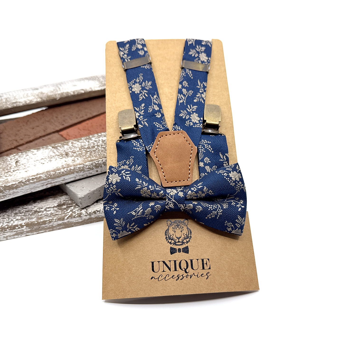 Navy Blue Suspenders, Beige Floral Suspender, Suspender Bowtie Set, Groom Gift, Wedding Suspenders, Groomsmen Suspenders