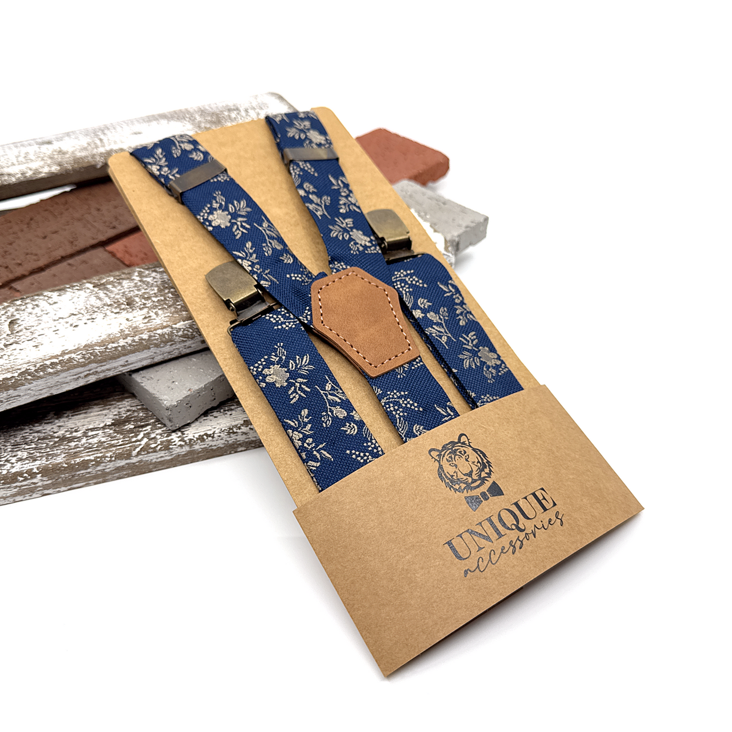 Navy Blue Suspenders, Beige Floral Suspender, Suspender Bowtie Set, Groom Gift, Wedding Suspenders, Groomsmen Suspenders