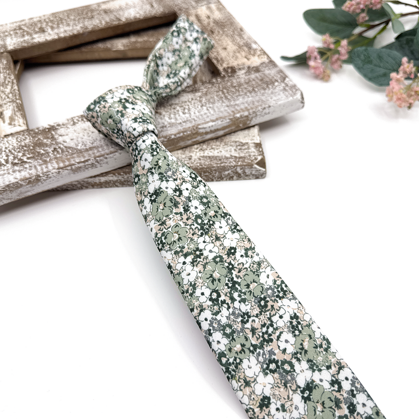 Dusty Pale Green Floral Necktie, Floral Men Necktie, Wedding Floral Ties