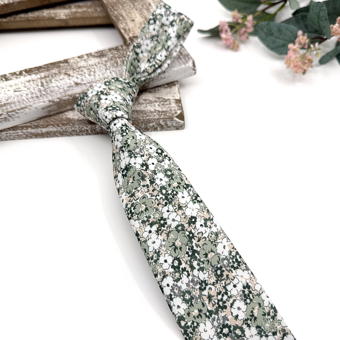 Dusty Pale Green Floral Necktie, Floral Men Necktie, Wedding Floral Ties