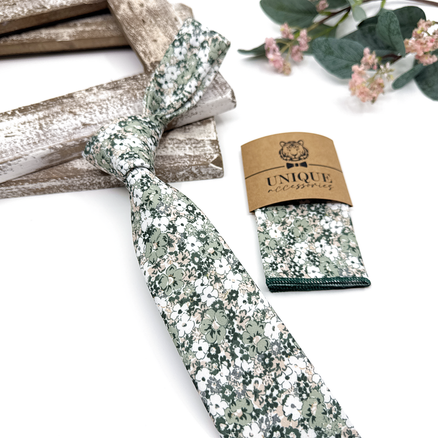 Dusty Pale Green Floral Necktie, Floral Men Necktie, Wedding Floral Ties