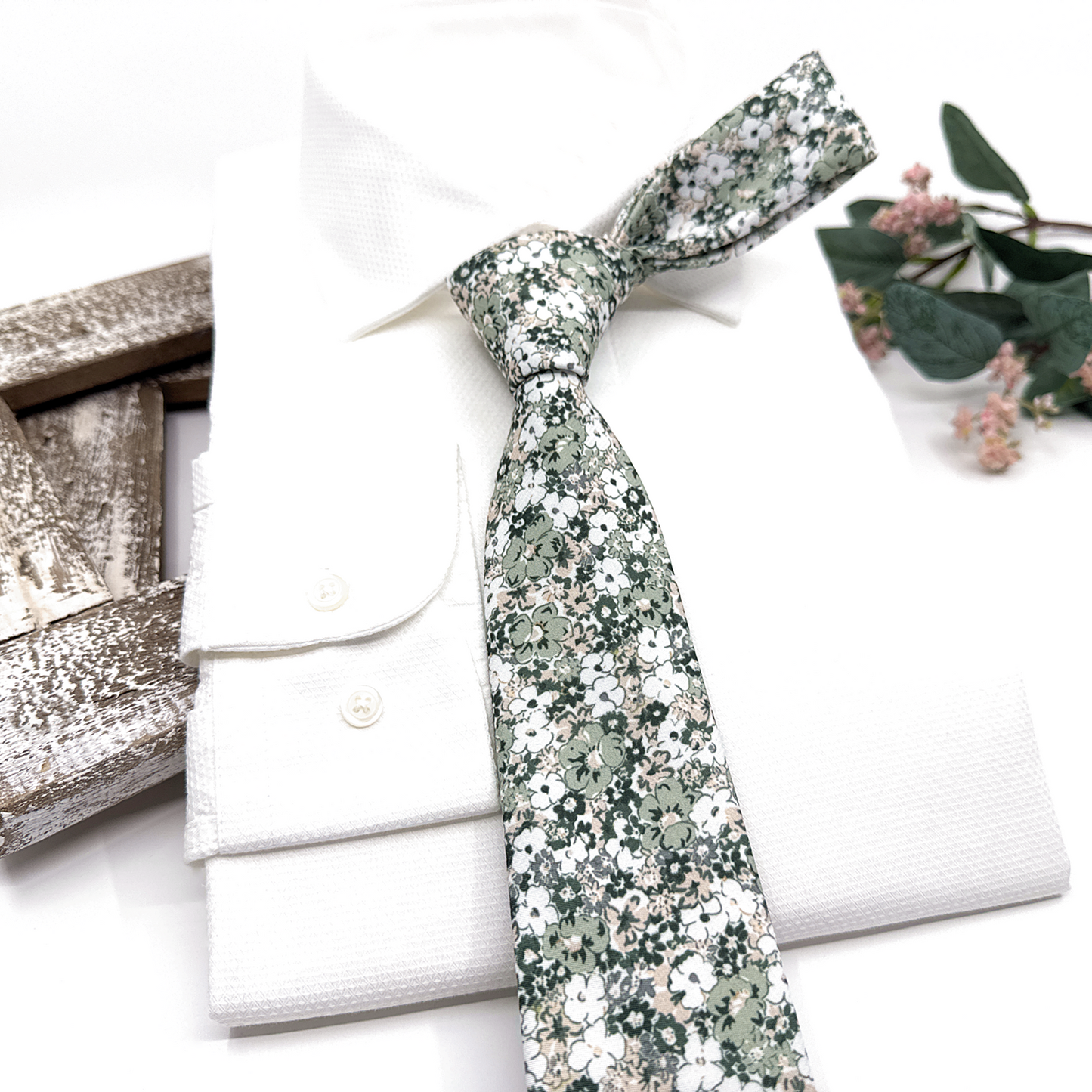 Dusty Pale Green Floral Necktie, Floral Men Necktie, Wedding Floral Ties