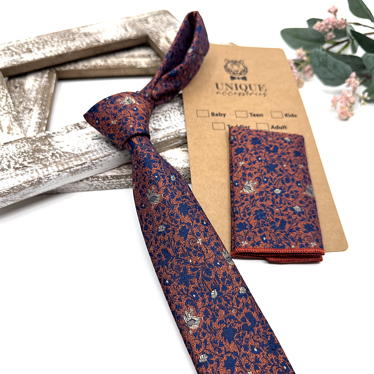 Brunt Orange Necktie, Floral Necktie, Tie for Mens, Wedding tie