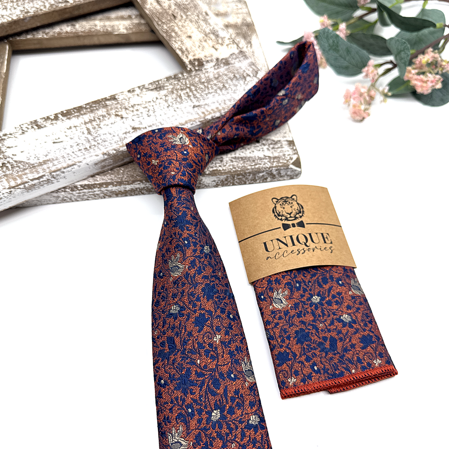 Brunt Orange Necktie, Floral Necktie, Tie for Mens, Wedding tie
