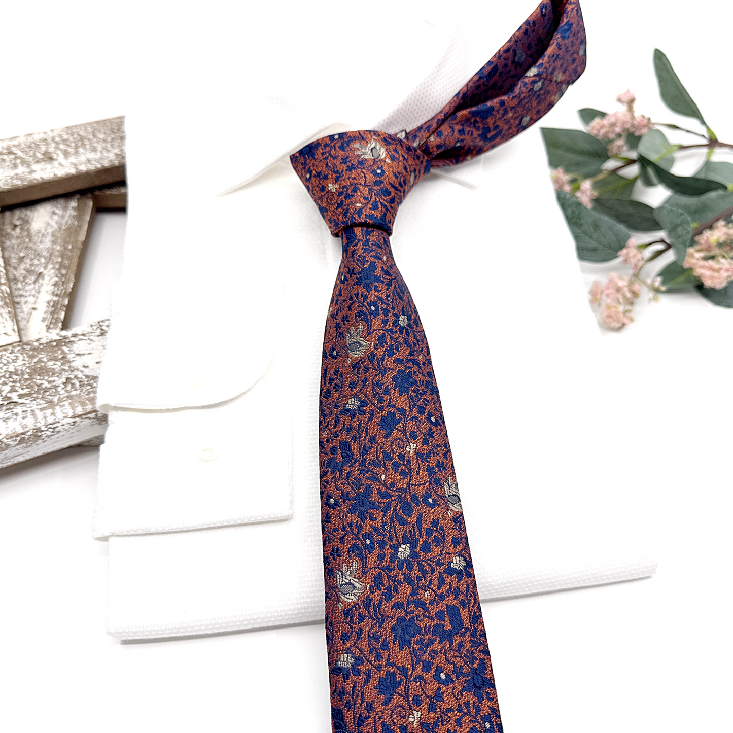 Brunt Orange Necktie, Floral Necktie, Tie for Mens, Wedding tie
